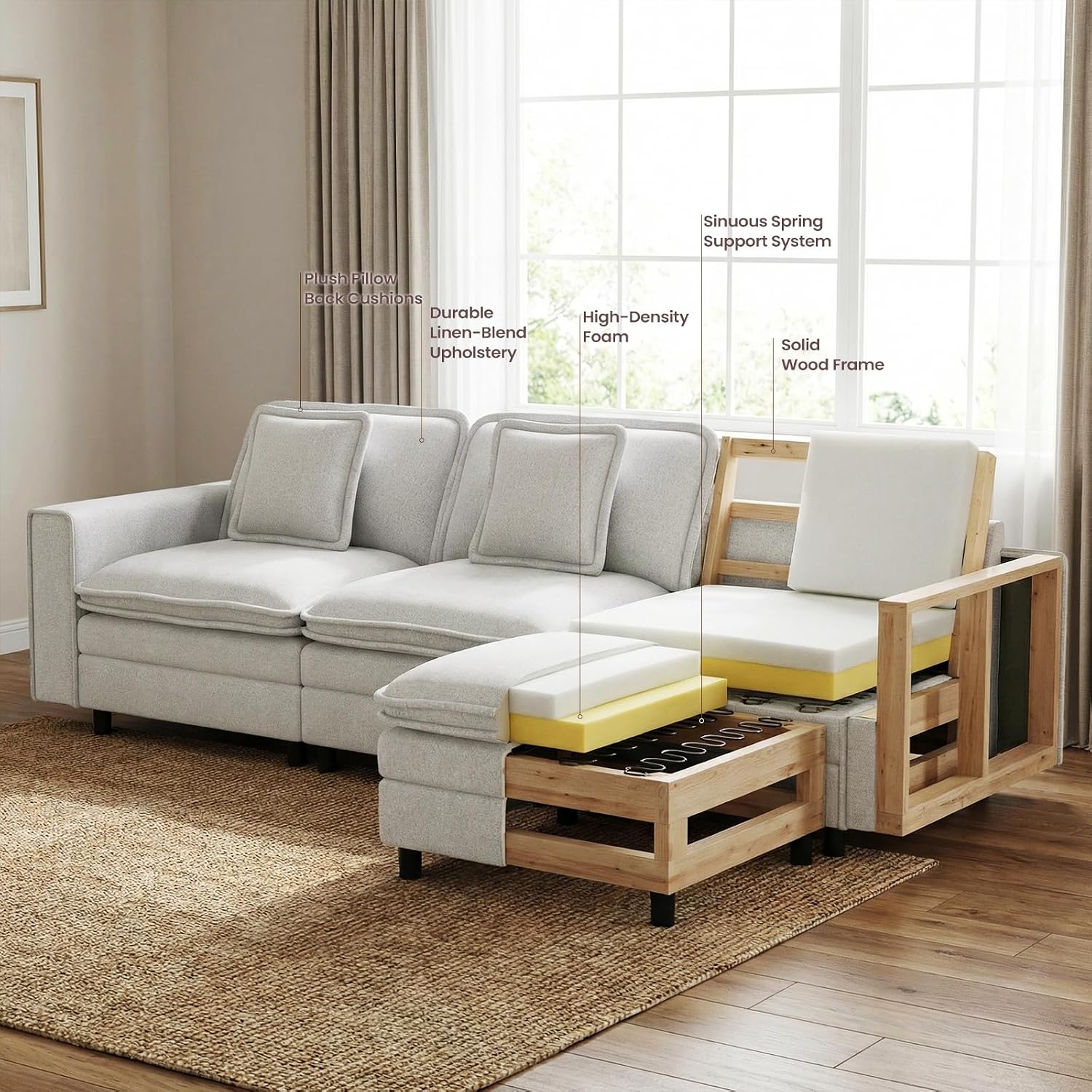 MALOL Modular Sectional Sofa 107', Comfy Cloud Couch with Ottoman, Deep 4-Seat L Shaped Modular Sofa, Couches with Throw Pillows for Living Room, Beige