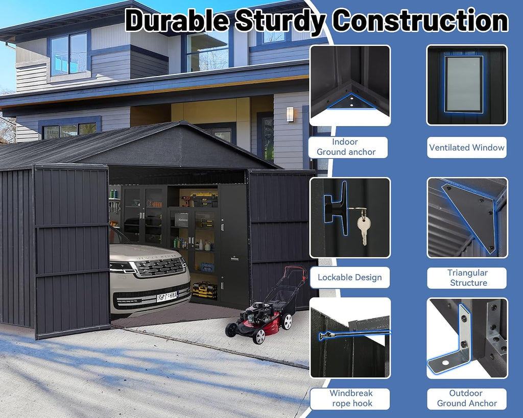 12x15FT Metal Carport, Heavy Duty Metal Garage with 2 Lockable Doors, Metal Steel Storage Shed, Metal Shed, Car Garage, Outdoor Large Garage for RV, Truck & Lawnmower -Dark Grey