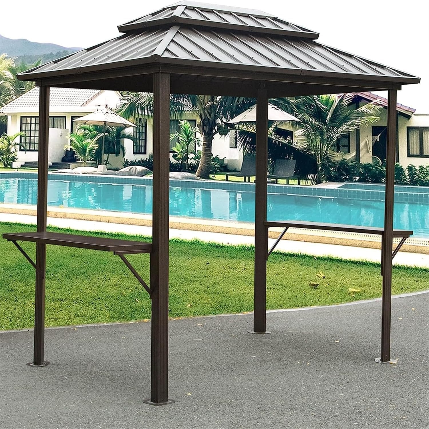 8'X6' Grill Gazebo Hardtop, Steel Grill Gazebo with Two Shelves Serving Tables, Permanent Double Roof Hard Top Gazebos, Heavy Duty Aluminum BBQ Gazebos for Patio, Deck, Backyard and Garden (Brown)