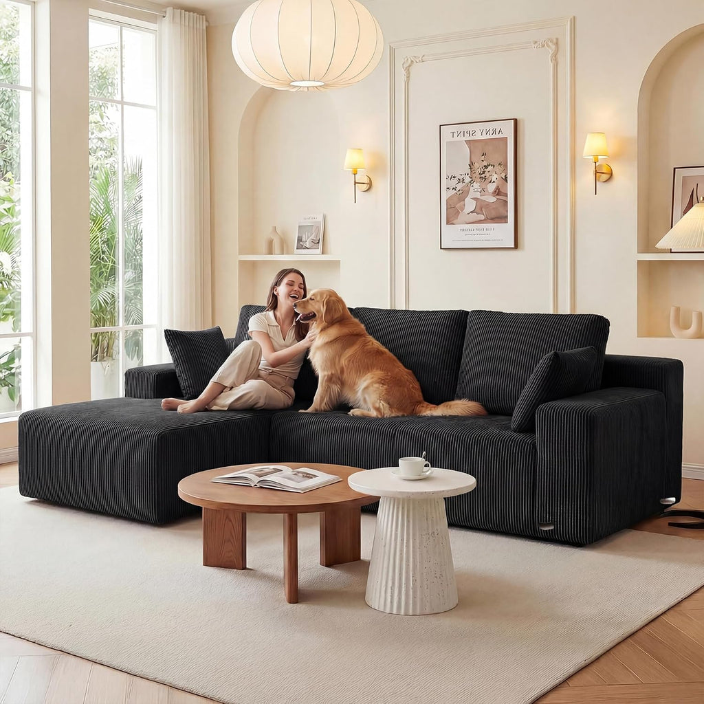 GRUSIGN Cloud Sectional Boneless Couches for Living Room, Modular L Shaped Couch with Deep Seat Oversized Left Facing Chaise, Memory Foam Compressed Spineless 3 Seater Sofa for Apartment, Black