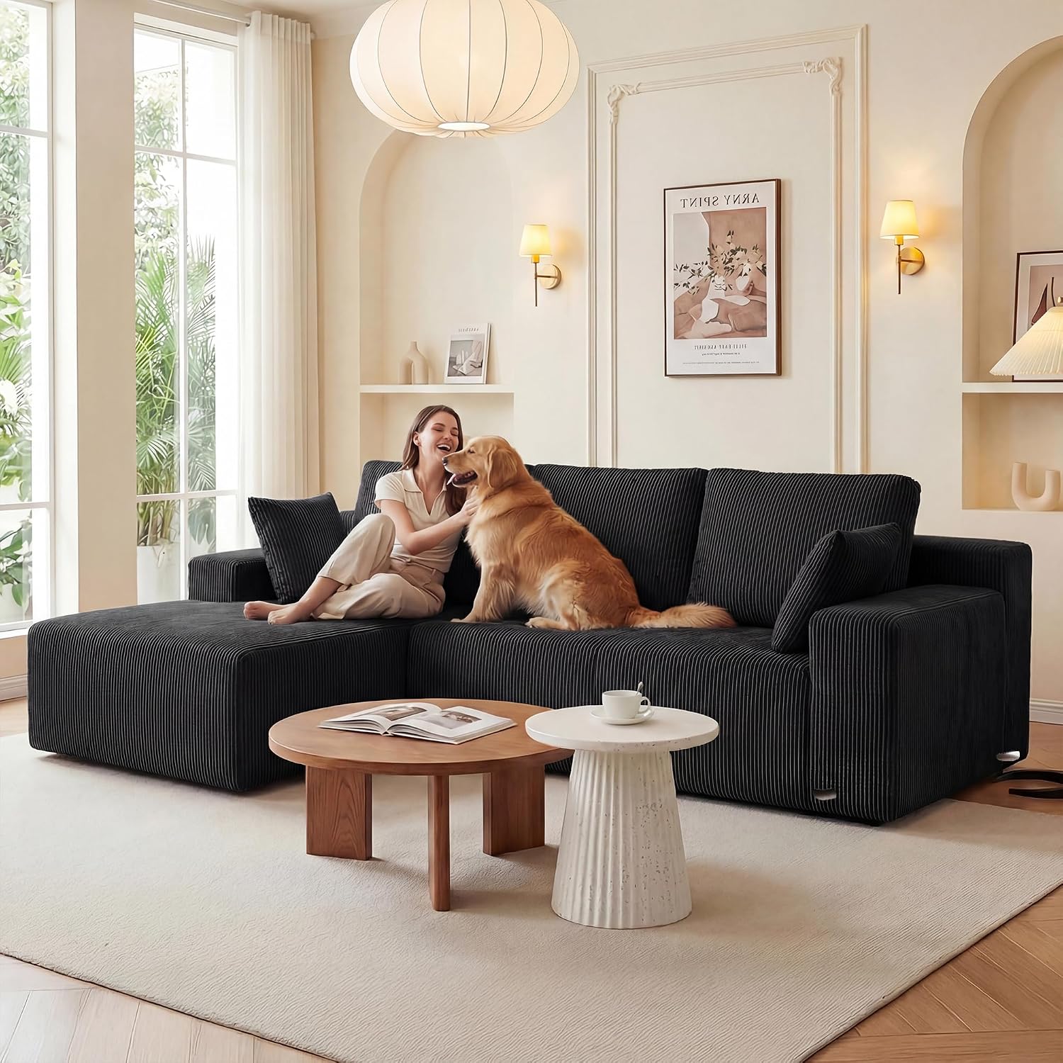 GRUSIGN Cloud Sectional Boneless Couches for Living Room, Modular L Shaped Couch with Deep Seat Oversized Left Facing Chaise, Memory Foam Compressed Spineless 3 Seater Sofa for Apartment, Black