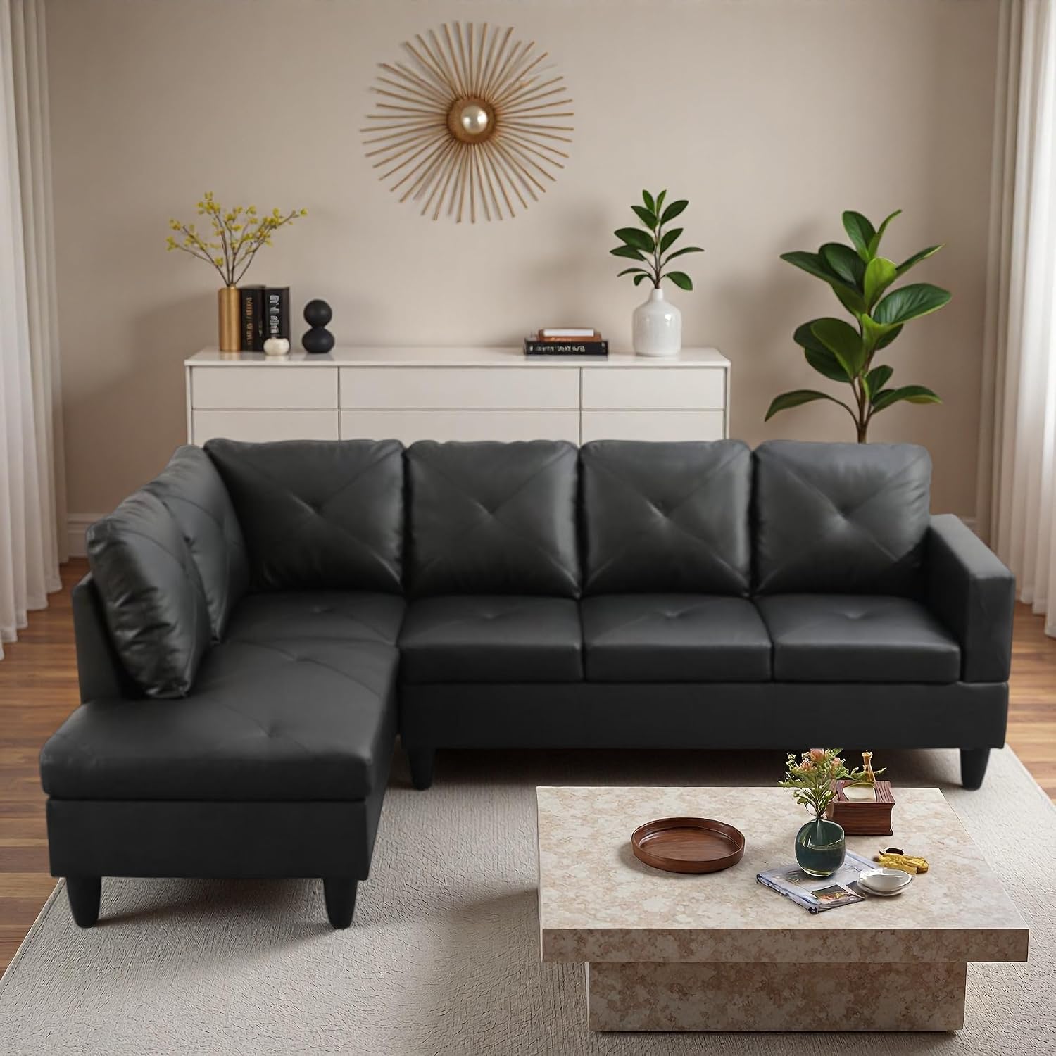 Sectional L-Shaped Couches for Living Room, Modular Convertible Sofa with Movable Chaise for Apartment & Bedroom, Modern 4-Seater Couch Living Room Sets Furniture, Black