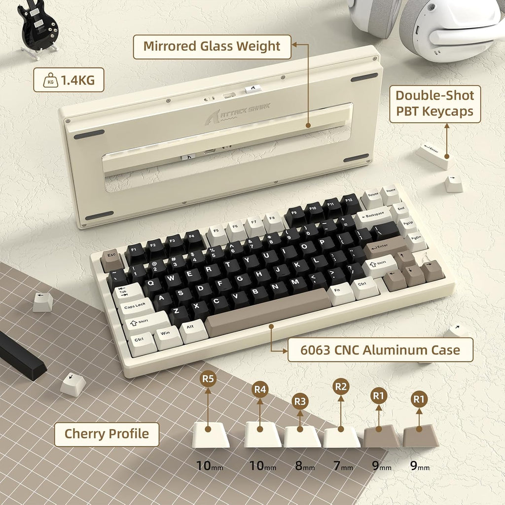 ATTACK SHARK X75-QMK Wireless Mechanical Gaming Keyboard - CNC Aluminum Alloy Shell, Customizable RGB Lighting Gasket Mount, Tri-Mode (2.4G/BT/Wired), VIA Compatible for WIN/MAC/PS4/Xbox- Mlilky White