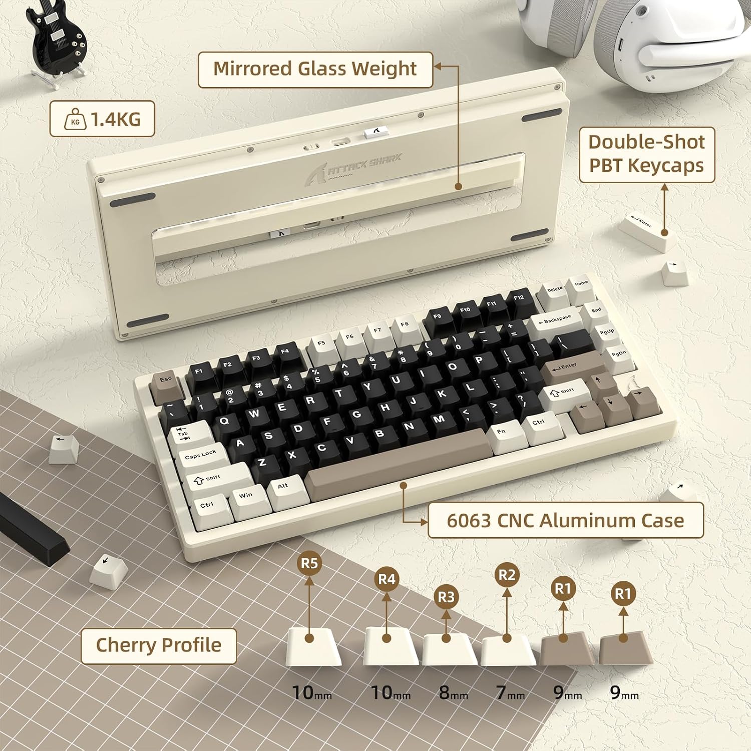 ATTACK SHARK X75-QMK Wireless Mechanical Gaming Keyboard - CNC Aluminum Alloy Shell, Customizable RGB Lighting Gasket Mount, Tri-Mode (2.4G/BT/Wired), VIA Compatible for WIN/MAC/PS4/Xbox- Mlilky White