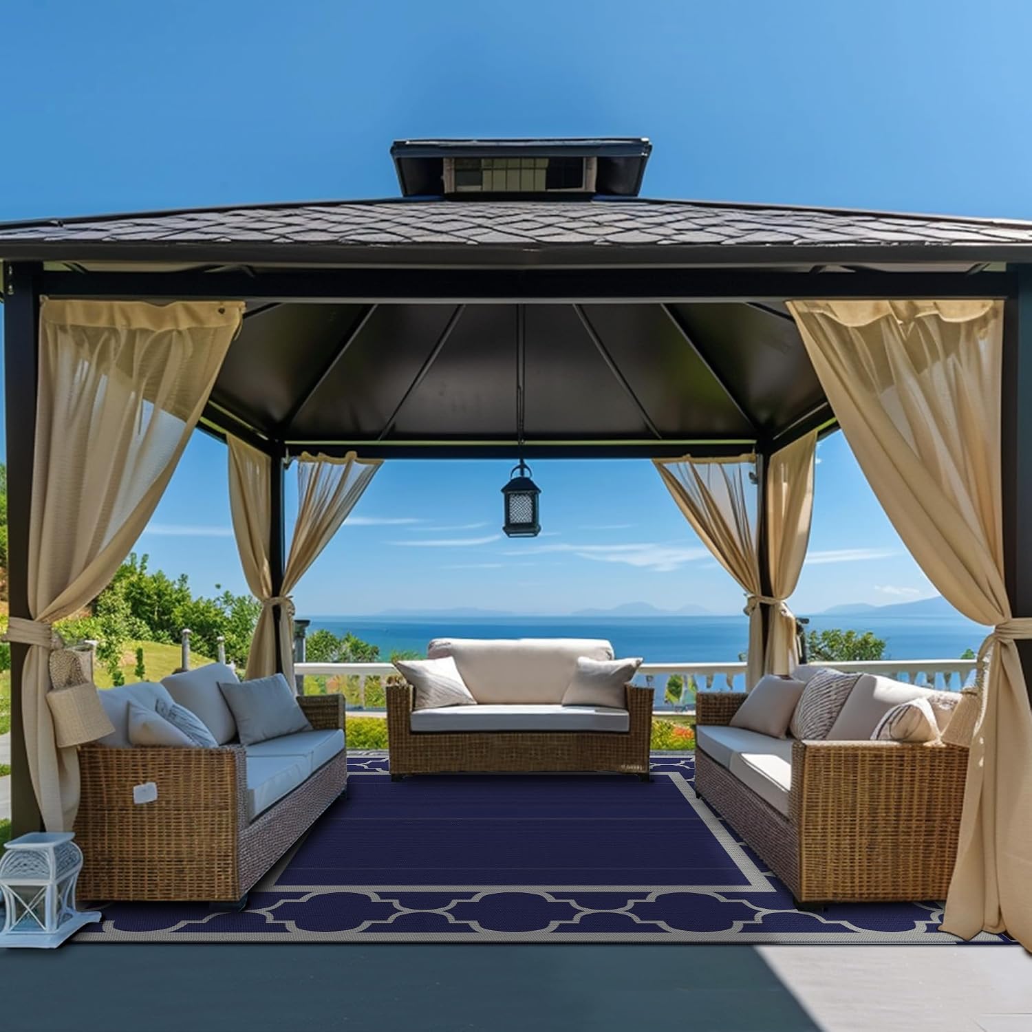 GENIMO 10 'x10 ' Outdoor Rug for Patio Clearance, Waterproof Indoor Outdoor Plastic Straw Rugs Carpet, Reversible Outside Area Rv Mat for Camping, Balcony Porch, Deck, Picnic, Beach (Blue & Grey)