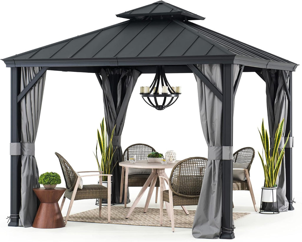 Sunjoy 10 ft. x 10 ft. Hardtop Gazebo, Outdoor Aluminum Frame, 2-Tier Steel Hardtop Backyard Gazebo with Netting, Curtain and Ceiling Hook by SummerCove