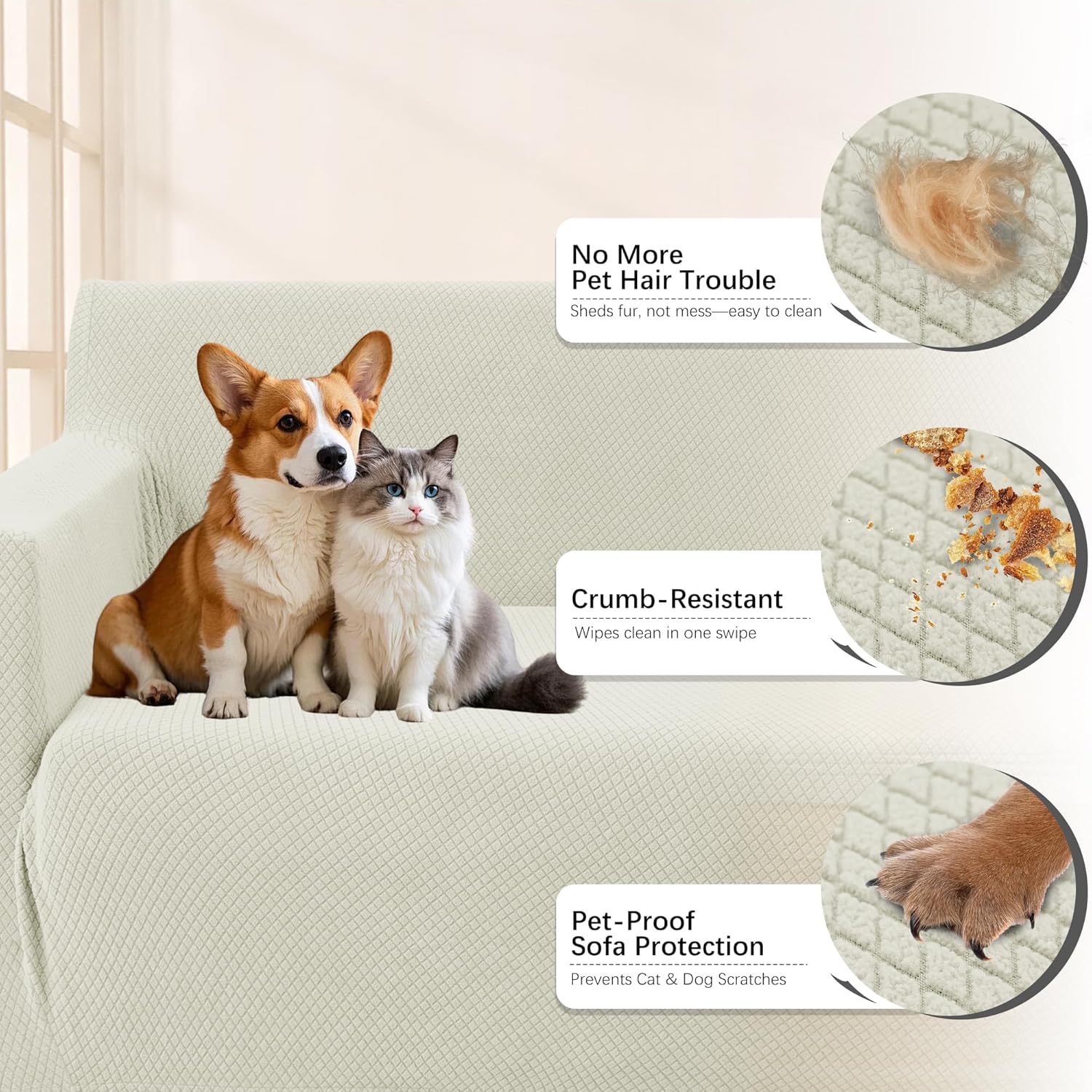 Arfntevss Stretch Sectional Couch Covers L Shaped Corner Sectional Sofa Cover Washable Jacquard Soft Fleece U Shape Sofa Slipcovers Anti Slip Furniture Protector for Dogs Pets (Small, Cream)