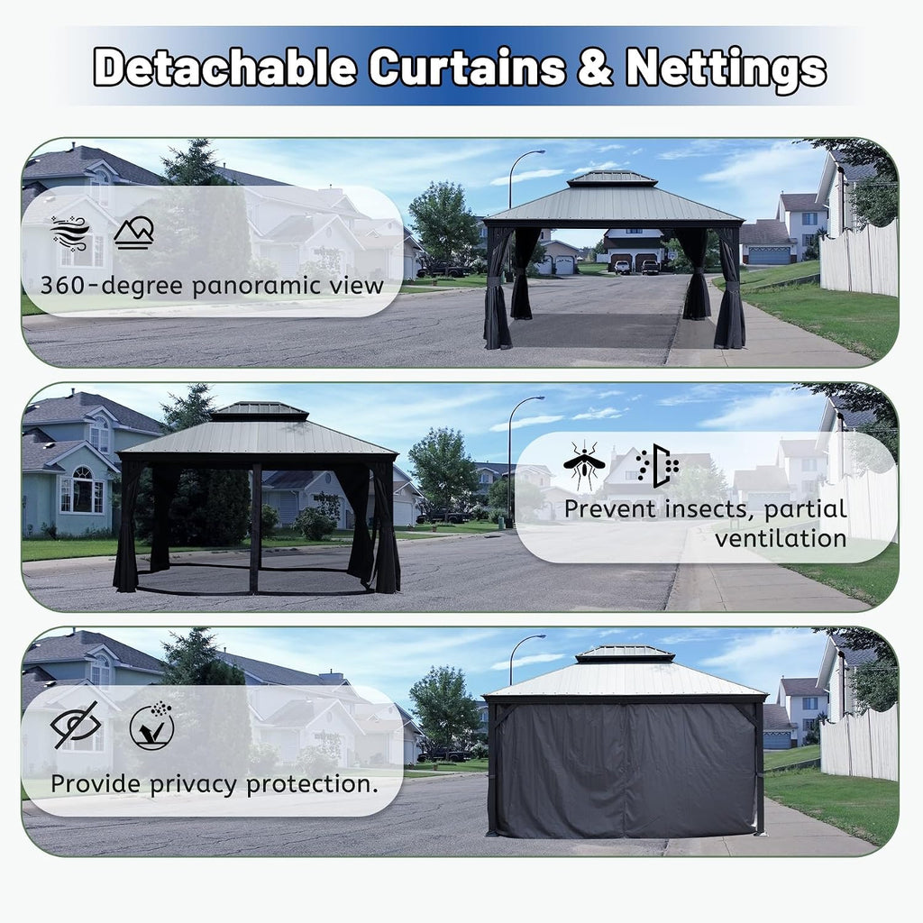 Outdoor Hardtop Gazebo for Patio 10x12FT with Resin-Galvanized Steel Roof, Metal Hard Top Gazebo with Gutters, Heavy Duty Gazebos All Season with Curtains & Netting, for Deck, Backyard, Hot Tub