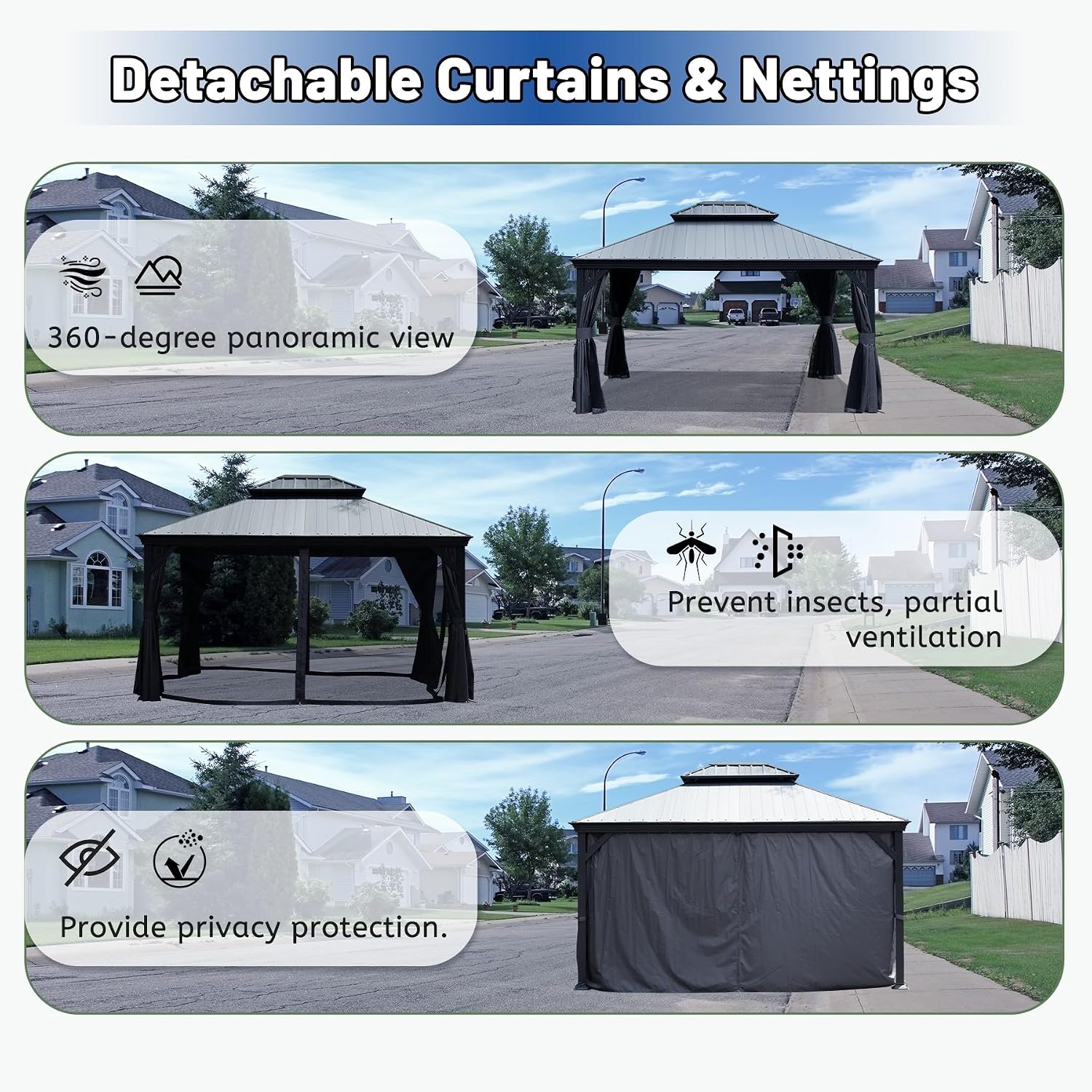 Outdoor Hardtop Gazebo for Patio 10x12FT with Resin-Galvanized Steel Roof, Metal Hard Top Gazebo with Gutters, Heavy Duty Gazebos All Season with Curtains & Netting, for Deck, Backyard, Hot Tub