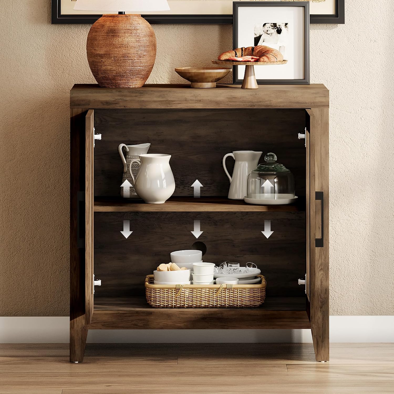 WAMPAT Farmhouse TV Stand for TVs up to 50', Rustic Wood Entertainment Center with Adjustable Shelf, Glass Doors & Storage, Media Console Cabinet for Living-Room, Bedroom, Brown