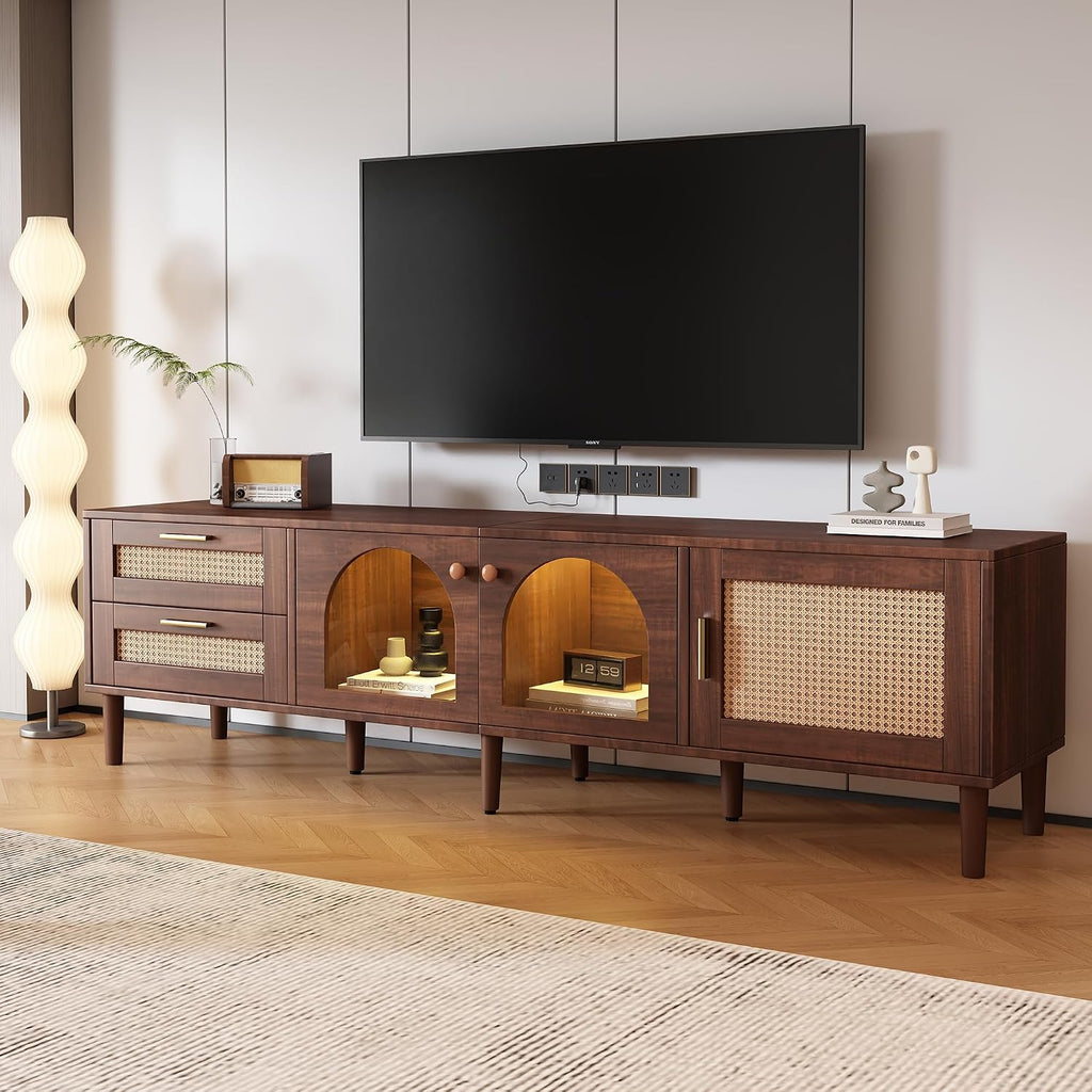 Merax Rattan TV Stand with LED Lights, 70' Entertainment Center with 3 Cabinets & 2 Drawers Media Console Table for TVs Up to 80', Solid Wood Feet, Living Room, Bedroom Furniture