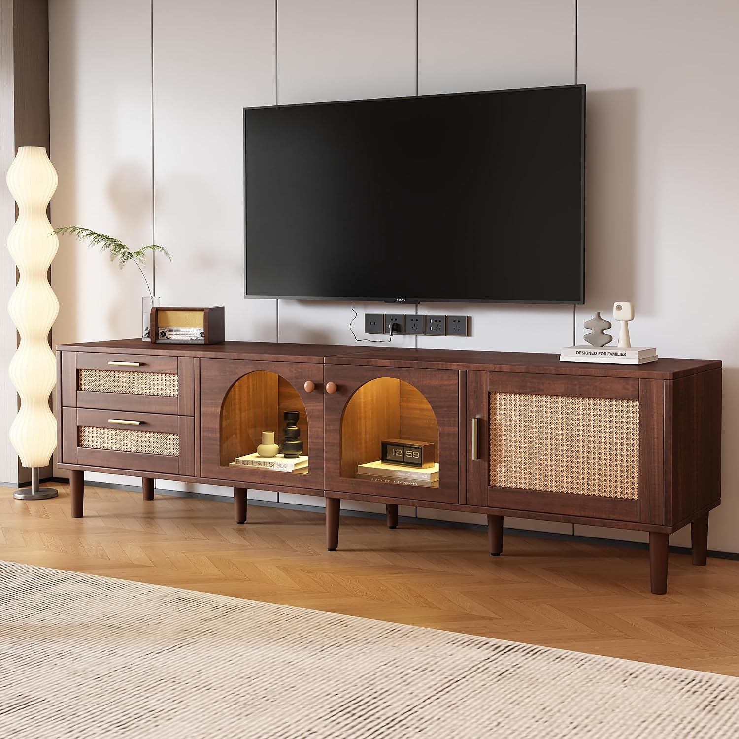 Merax Rattan TV Stand with LED Lights, 70' Entertainment Center with 3 Cabinets & 2 Drawers Media Console Table for TVs Up to 80', Solid Wood Feet, Living Room, Bedroom Furniture