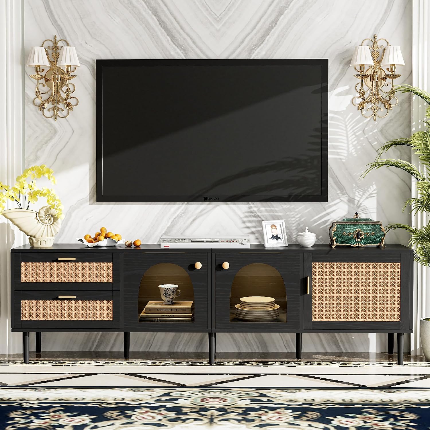 Merax LED TV Stand for TVs up to 80', Boho Entertainment Center with Rattan Decor, Multi-Functional Media Console & 3 Storage Cabinets and 2 Drawers for Living Room, Bedroom, Home Theatre, Black