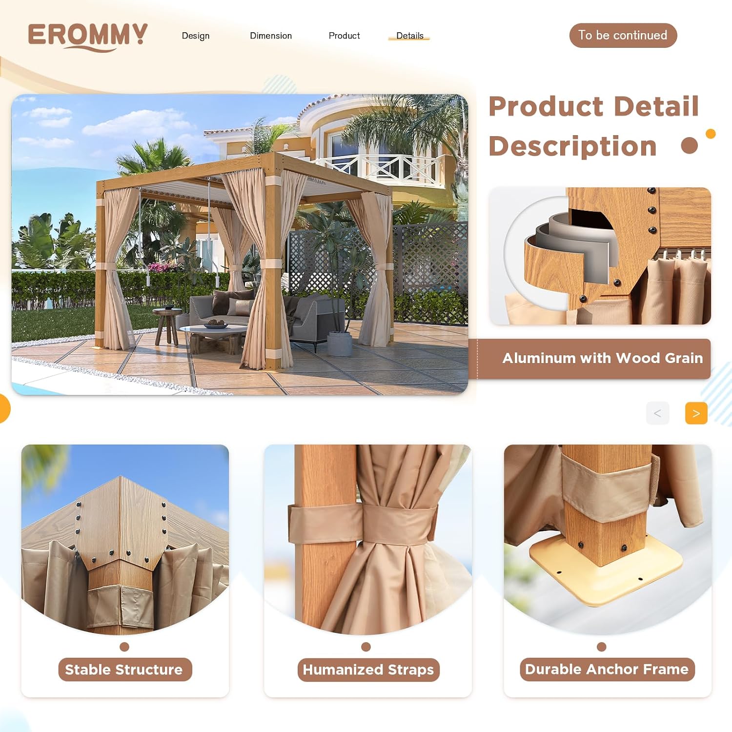 EROMMY Louvered Pergola 10x10, Outdoor Aluminum Pergola with Adjustable Rainproof Roof for Garden, Patio, Deck, Waterproof Curtains and Netting Included, Wood Grain