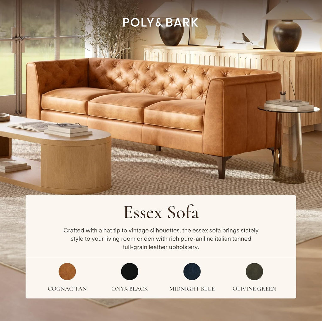 POLY & BARK Essex 89' Full-Grain Italian Leather Sofa – Tufted Back, Feather-Down Comfort, Solid Wood Frame, Cognac Tan