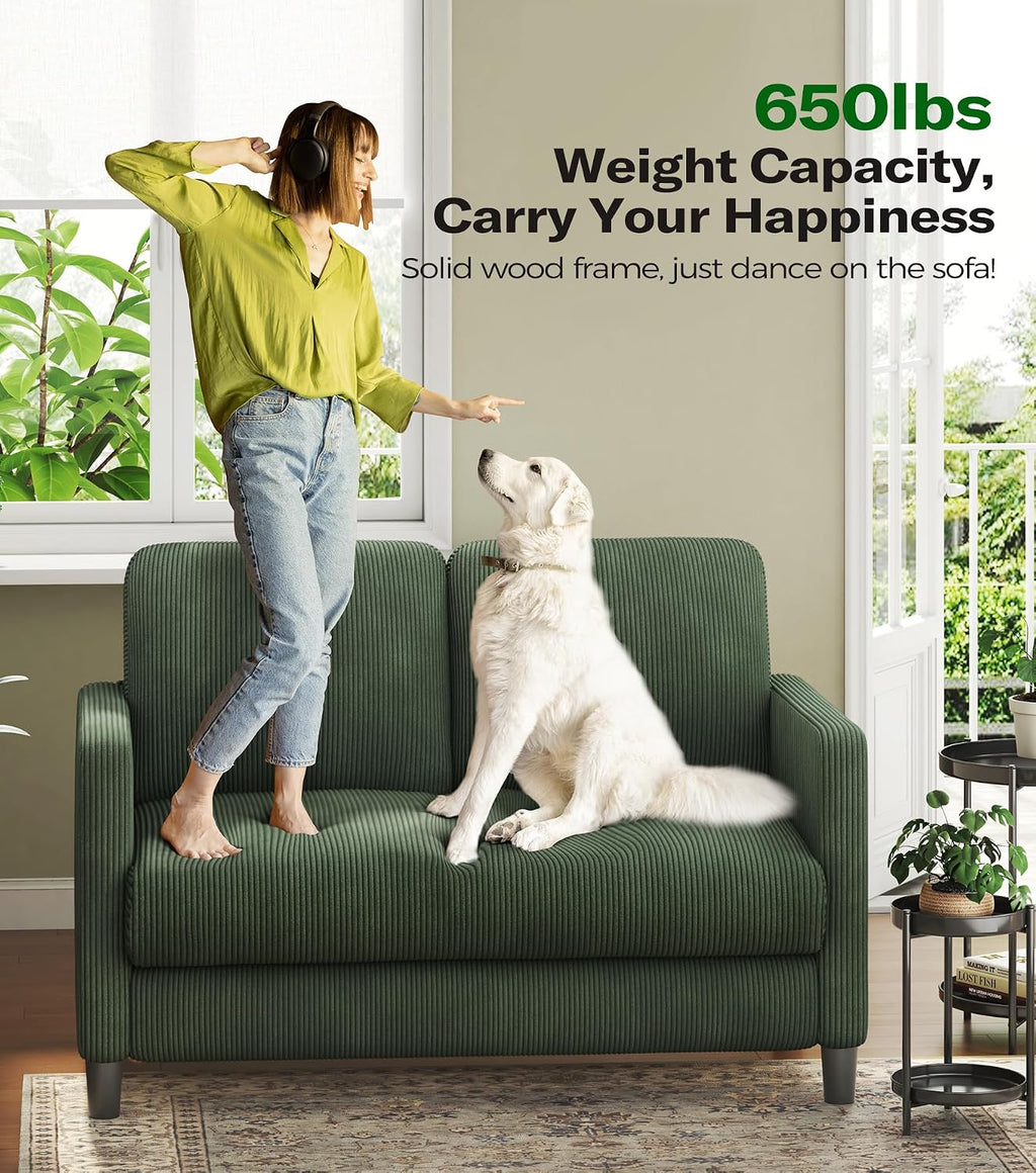 Welzona Loveseat Sofa, 51' Love Seat, Comfy Corduroy Small Loveseat for Small Spaces, Tool-Free Setup Couch for Bedroom, All-Wood Couches for Living Room, Green
