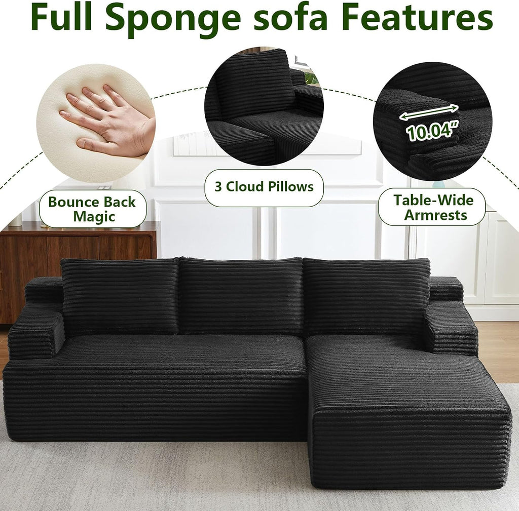 96' Modular Sectional Sofa, Modern Corduroy Cloud Couch with Side Pockets, Boneless Couch Upholstered 3-Seater L-Shaped Sofa for Living Room, No Assembly Required (Black, Right-Facing Chaise)