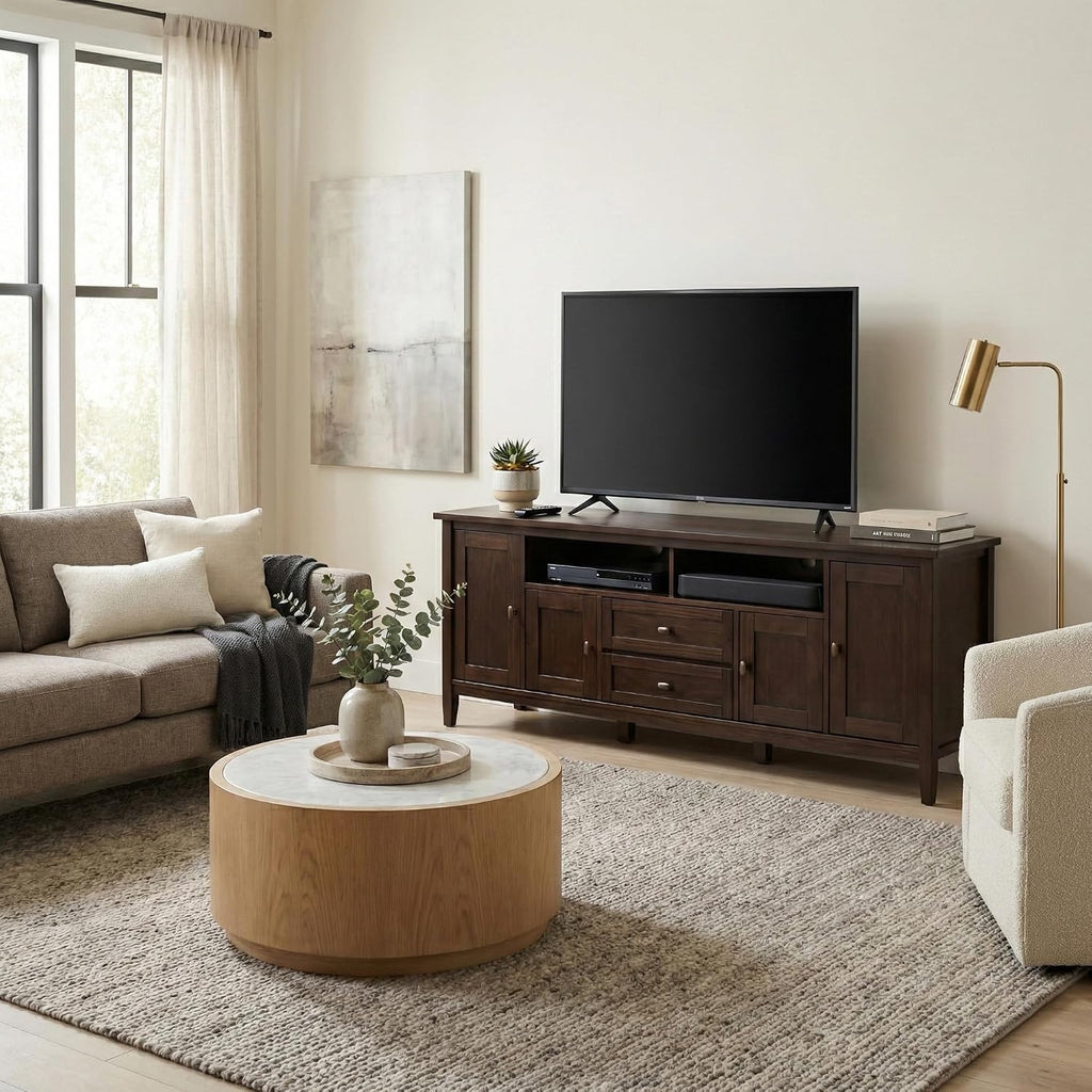 SIMPLIHOME Warm Shaker TV Stand - 72 inch Wide Solid Wood Media Console in Tobacco Brown, Transitional Entertainment Center for Living Room for TVs up to 80 Inches with Cabinets and Cable Management