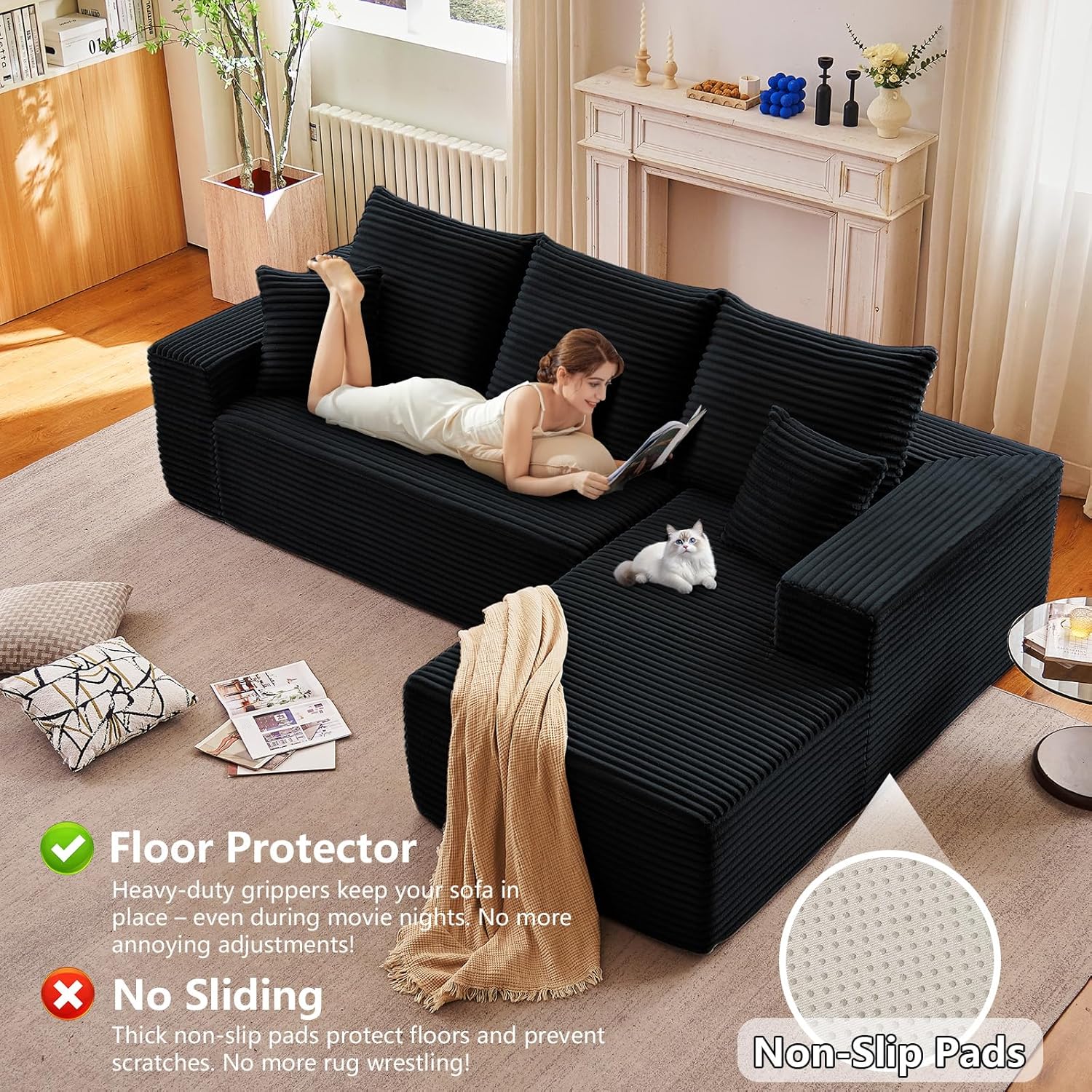 96' Modular Sectional Sofa, Modern Corduroy Cloud Couch with Deep Seat, Boneless Couch Upholstered 3-Seater L-Shaped Sofa for Living Room, No Assembly Required (Black, Right-Facing Chaise)