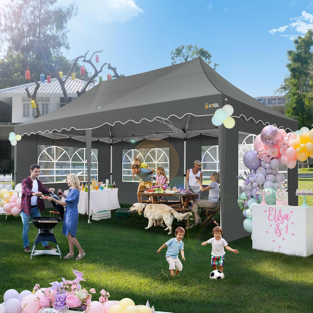 HOTEEL 10x20 Pop up Canopy Tent with 6 Removable Sidewalls, Wave Hem Roof 10x20 Canopy with Wheel Bag and 4 Sandbag, Commercial Pop up Tent Waterproof Sunshade for Market Wedding Party Stall (Grey)