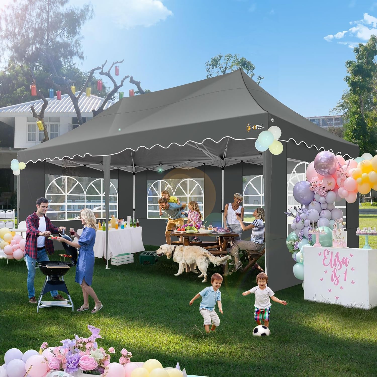 HOTEEL 10x20 Pop up Canopy Tent with 6 Removable Sidewalls, Wave Hem Roof 10x20 Canopy with Wheel Bag and 4 Sandbag, Commercial Pop up Tent Waterproof Sunshade for Market Wedding Party Stall (Grey)