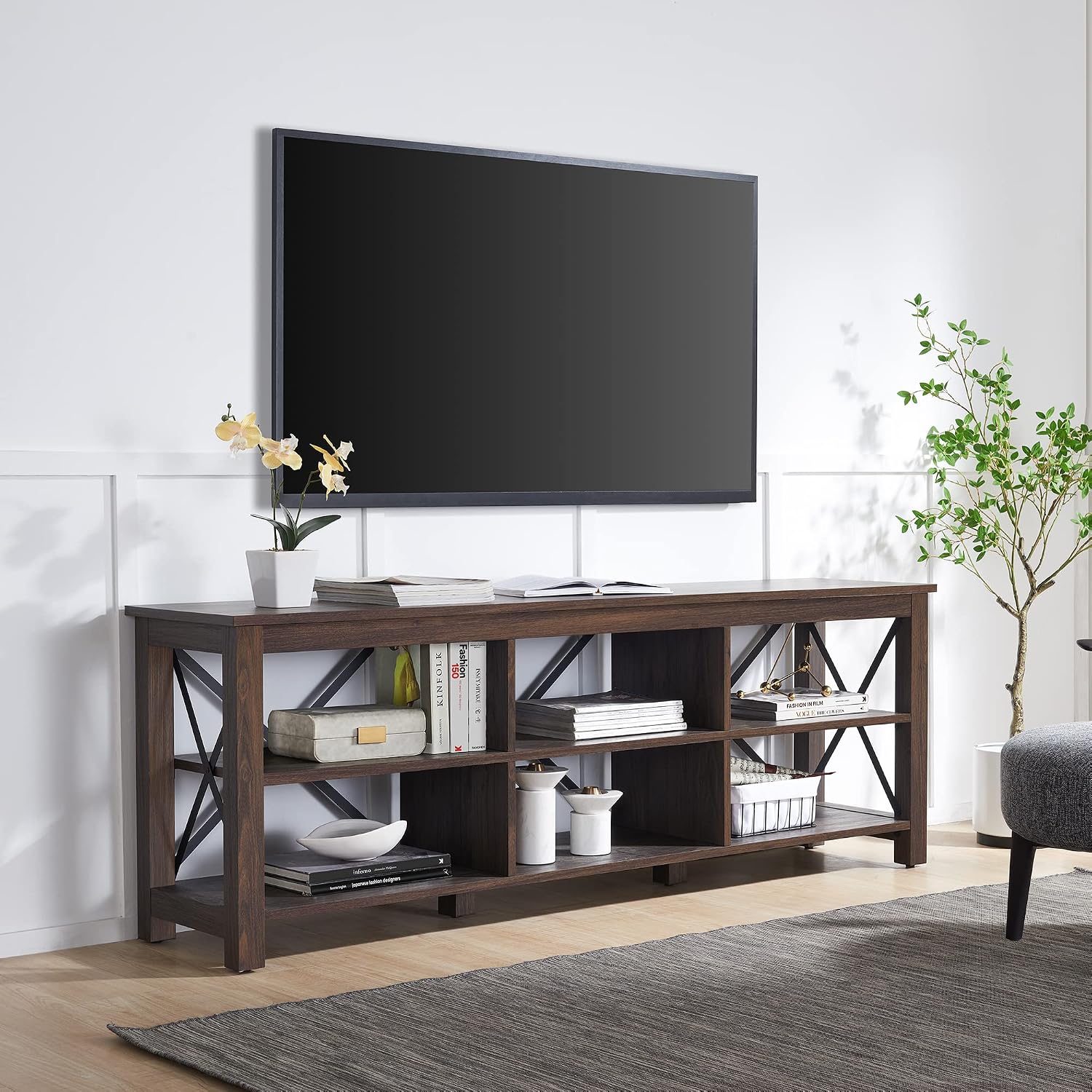 Henn&Hart Rectangular TV Stand for TV's up to 80' in Alder Brown, Electric Fireplace TV Stands for the Living Room