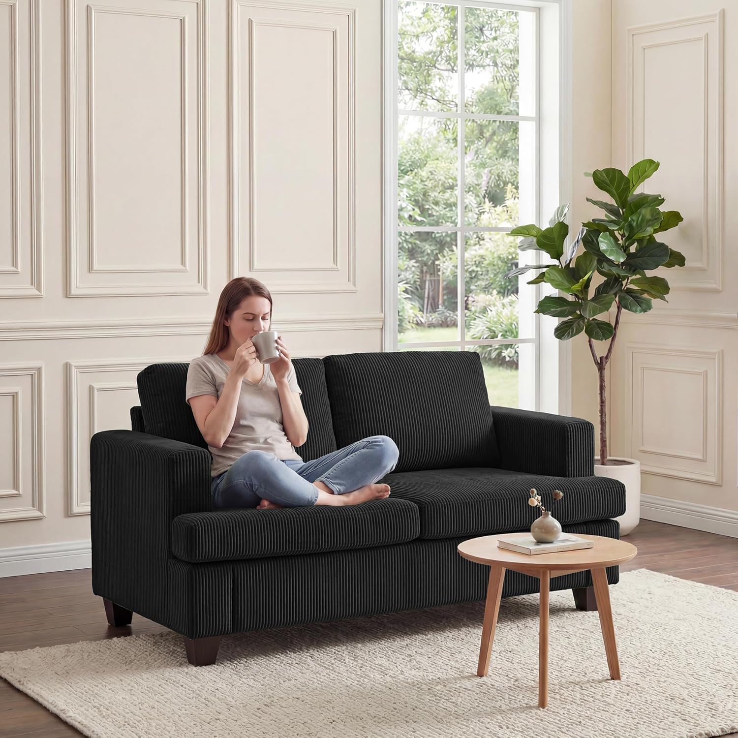 Apicizon Loveseat & 3 Seater Sofa Sets, 89' Couch Sofa Set for Living Room Furniture, 2 Piece Modern Sleeper Sofa with Deep Seat Cloud Couch for Apartment Lounge, Black Corduroy