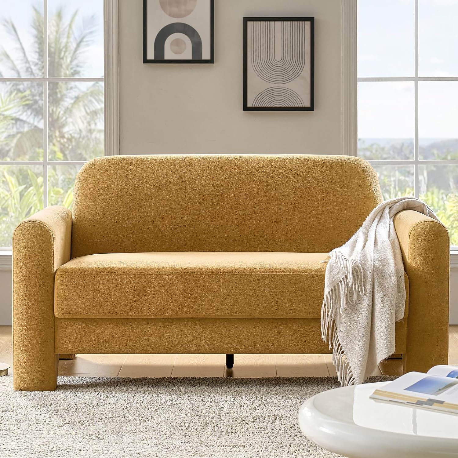 HULALA HOME 60' Modern Curved Loveseat Sofa, Comfy Chenille Couch Small Love Seat with Wrapped Armrests, 2 Seater Sofa for Living Room, Easy Assembly, Camel