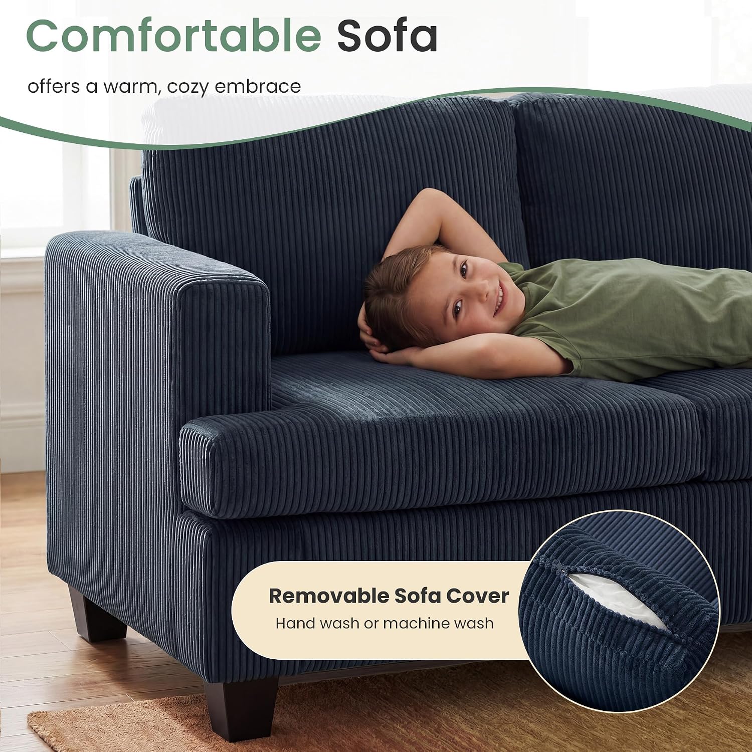 YOUDENOVA 2 Piece Set Comfy Sofa Couch, 3 Seater & Loveseat Sofa with Deep Seats, Modern Sleeper Couch for Living Room, Blue Corduroy
