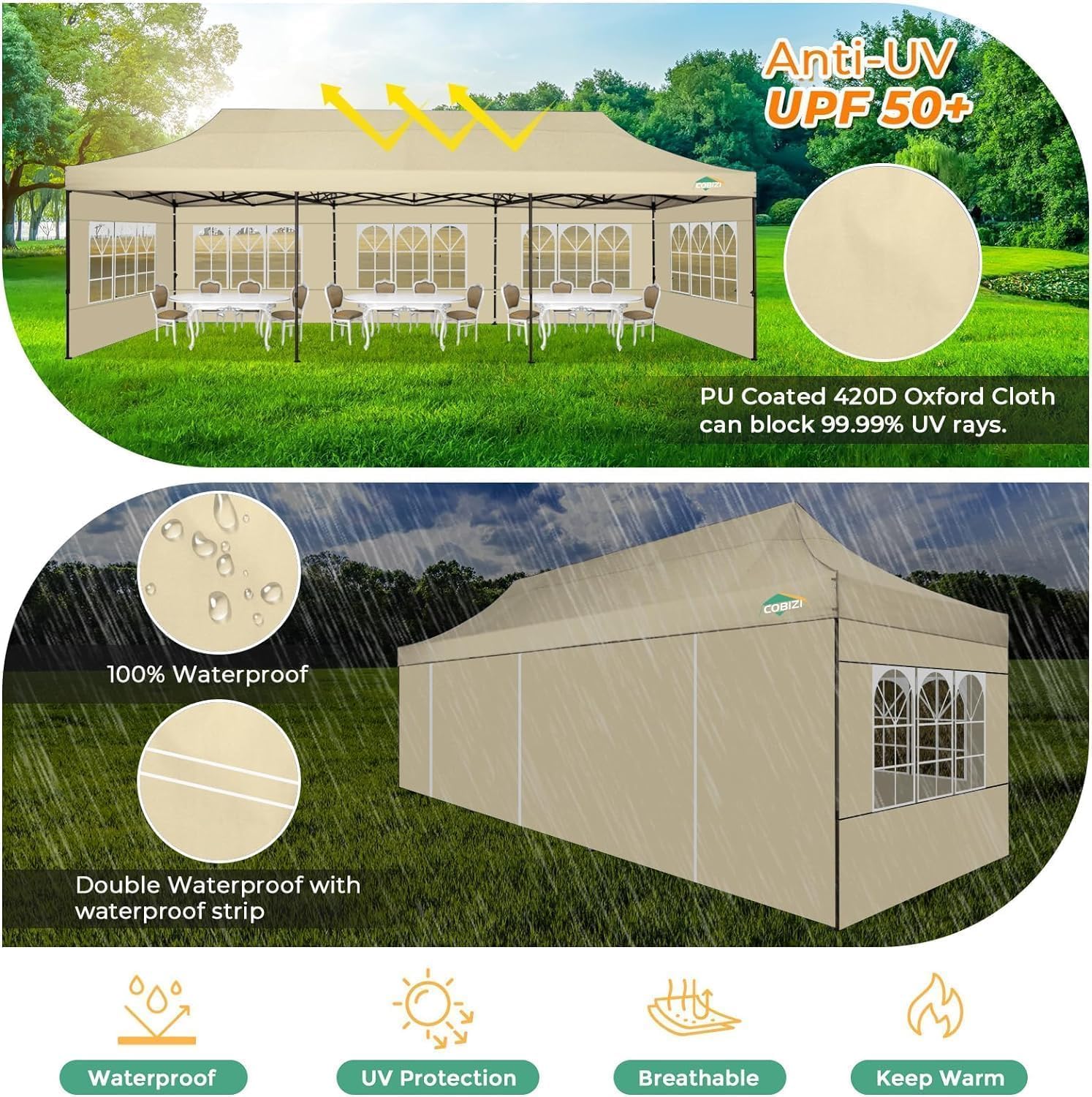 COBIZI 10x30 Heavy Duty Party Tent, Commercial 10x30 pop up Canopy for Parties Waterproof Gazebos with 8 Sidewalls, All Season Wind & Waterproof UPF50+,Stable Thickened Frame, Khaki