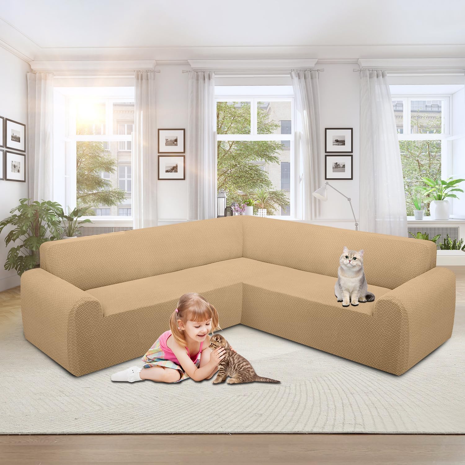 ALIECOM Stretch Corner Sectional Couch Covers L Shape Sofa Covers Washable Sectional Slipcovers U Shape Jacquard Living Room Pet Dogs Furniture Protector with Elastic Bottom (Apricot, X-Large)