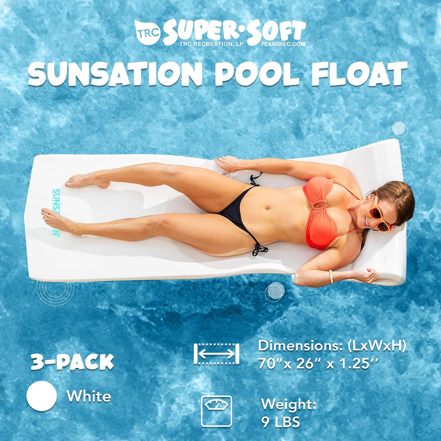 TRC Recreation Sunsation 1.75' Thick Foam Pool Float Lounger, White w/Headrest for Lounging & Sunbathing in Swimming Pools, Beaches & Lakes, 70' x 26'