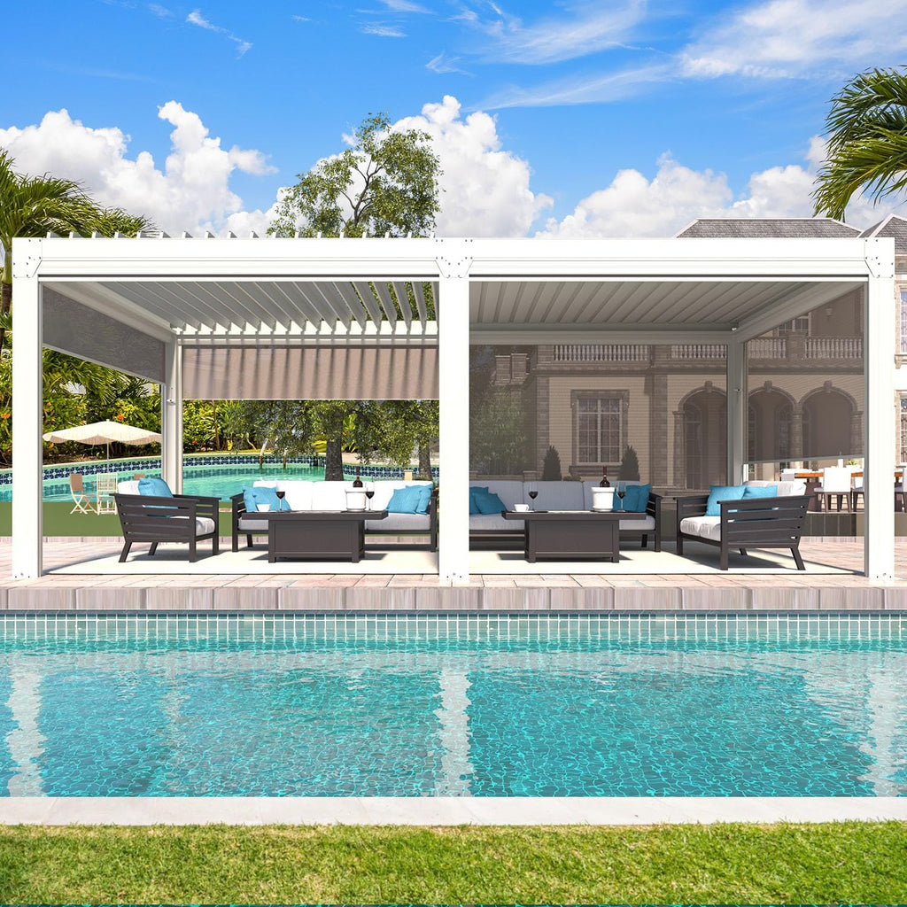 YOLENY Louvered Pergola and 6 Pull-Down Screens, 10x20FT All Aluminum Pergola with Adjustable Rainproof Roof, Outdoor Sun Shade Shelter for Patio, Weatherproof, White