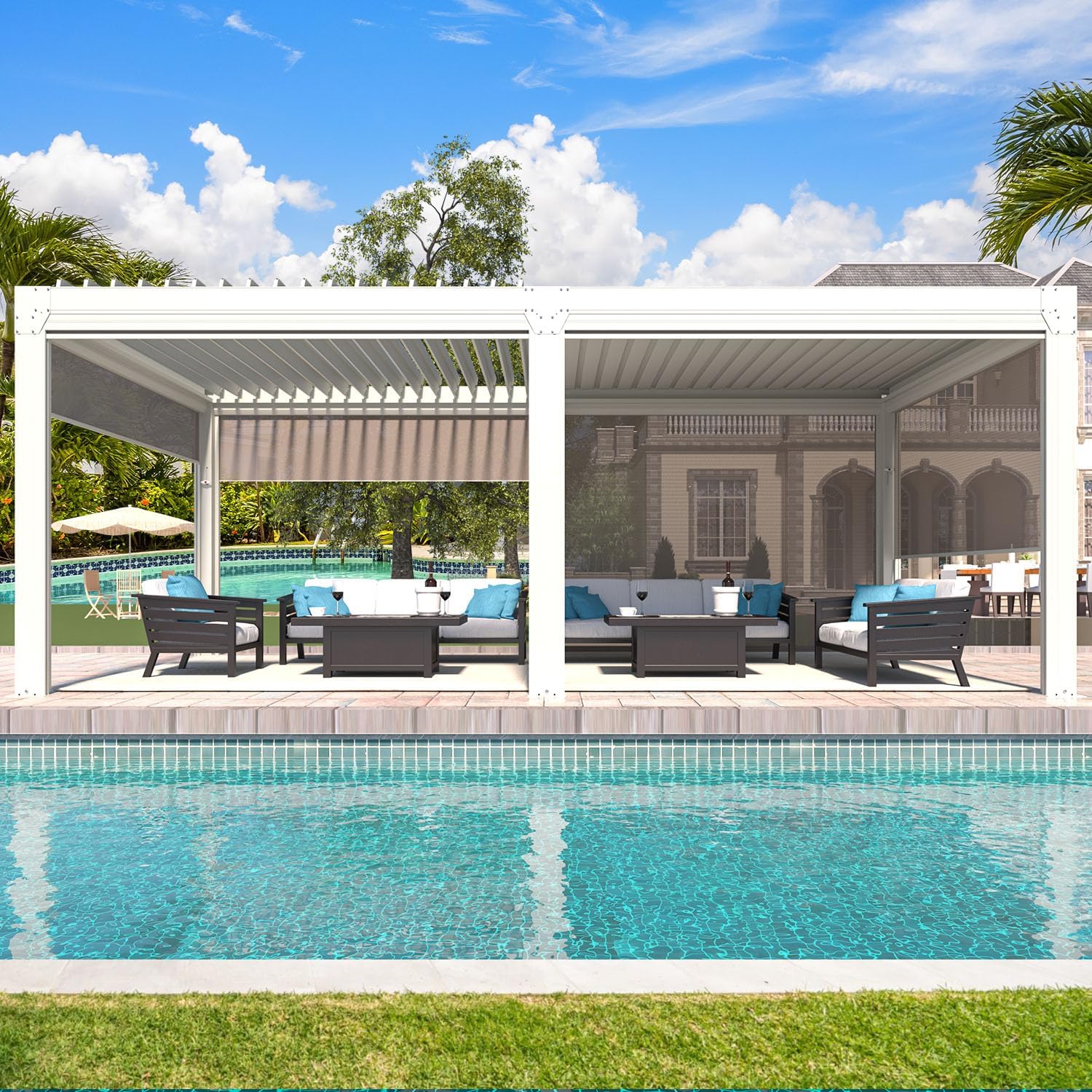 YOLENY Louvered Pergola and 6 Pull-Down Screens, 10x20FT All Aluminum Pergola with Adjustable Rainproof Roof, Outdoor Sun Shade Shelter for Patio, Weatherproof, White
