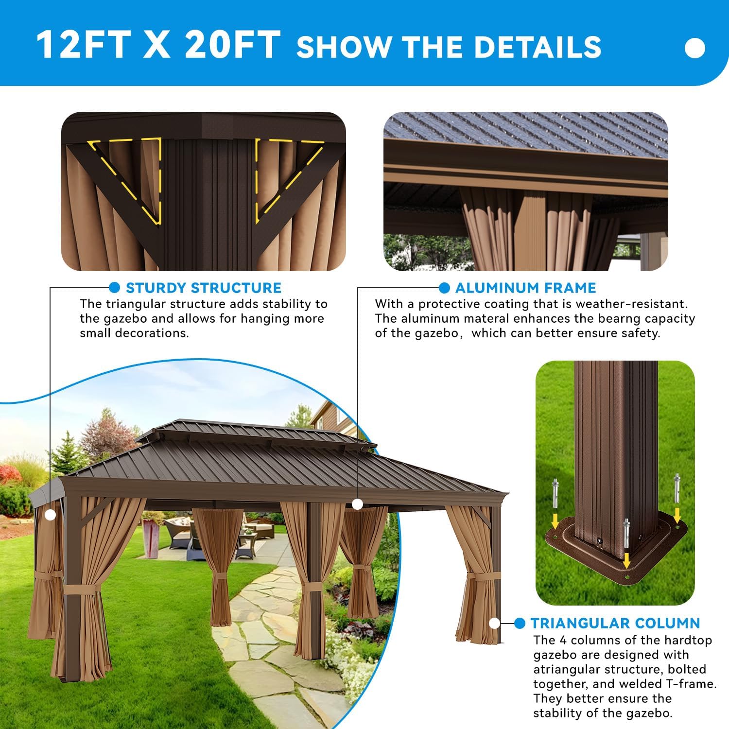 12' x 20' Hardtop Aluminum Gazebo, Double Galvanized Steel Roof Pavilion with Netting and Curtains, Permanent Outdoor Shelter for Patio, Lawn, and Garden, Brown
