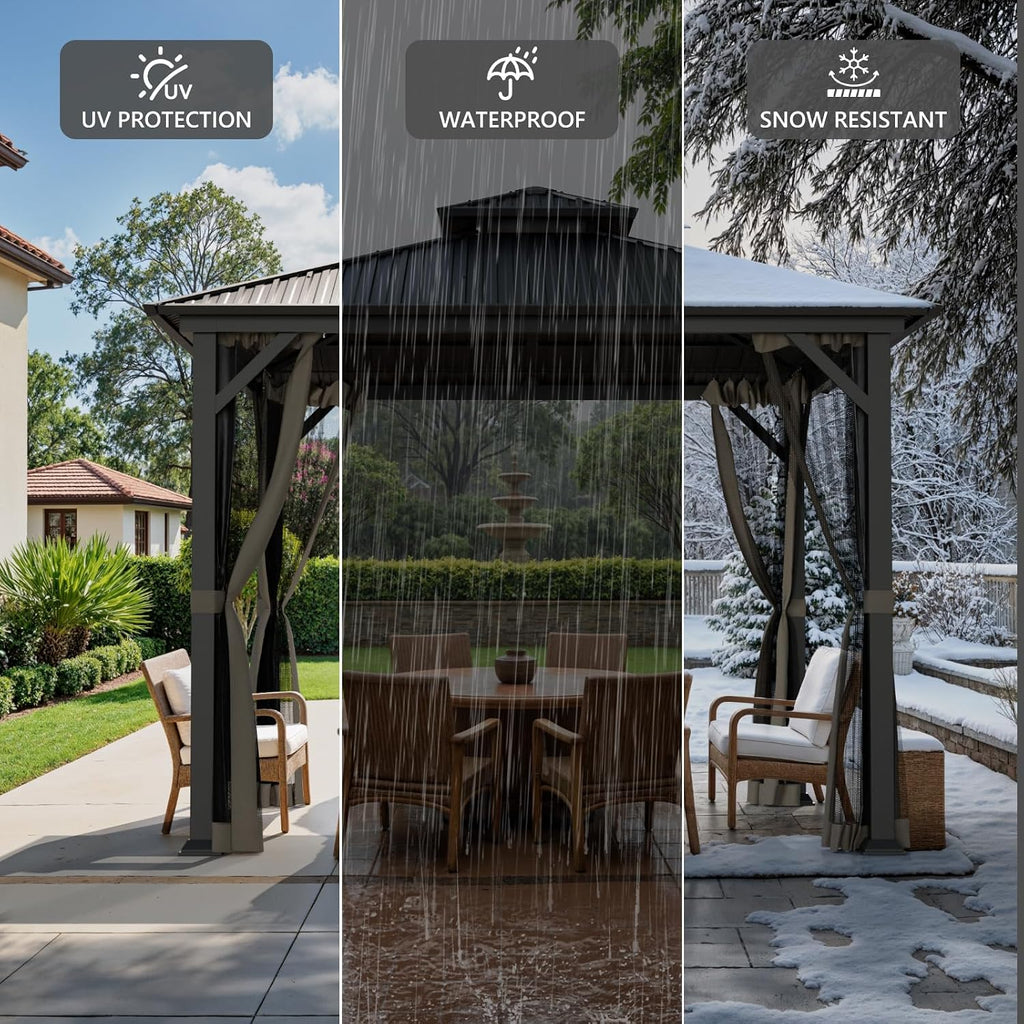10x10 Hardtop Gazebo, Heavy Duty Outdoor Gazebo with Powder-Coated Iron Frame,Double Galvanized Steel Roof, Permanent Metal Pavilion with Mosquito Netting for Backyard, Patio & Garden