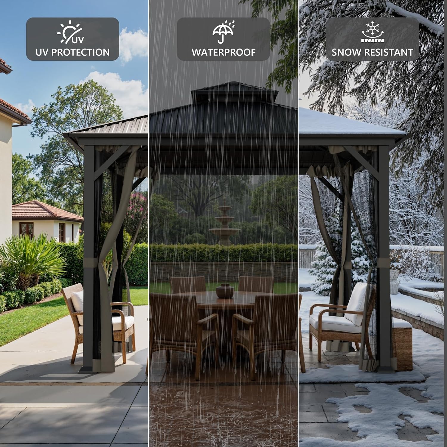 10x10 Hardtop Gazebo, Heavy Duty Outdoor Gazebo with Powder-Coated Iron Frame,Double Galvanized Steel Roof, Permanent Metal Pavilion with Mosquito Netting for Backyard, Patio & Garden