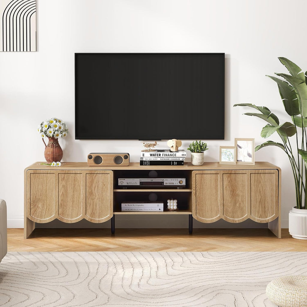 ORRD 63'' TV Stand, Modern TV Console Table Wave Panel Television Stands Entertainment Media Center with Storage Compartment and Sliding Door for Living Room (Natural)