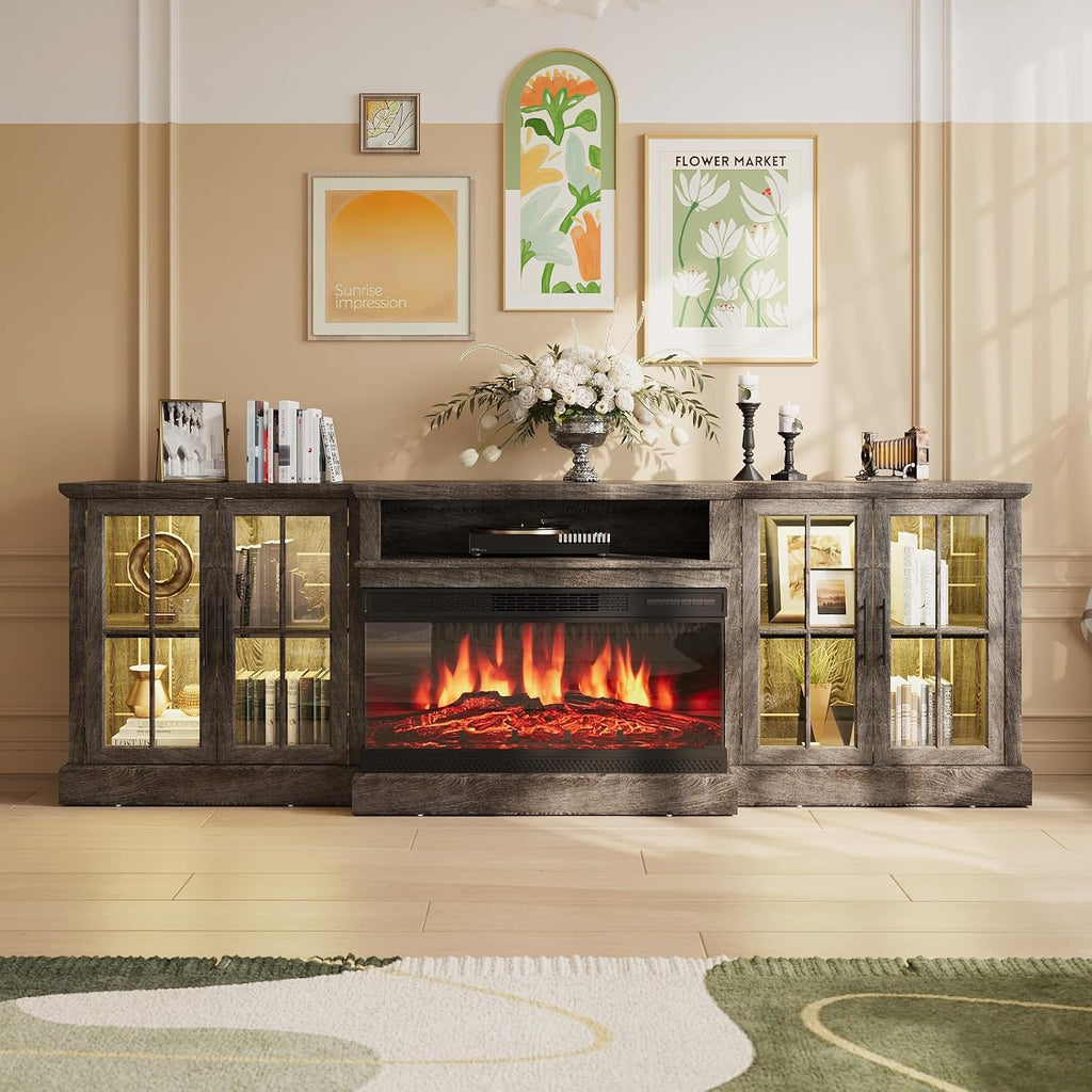 98' Farmhouse TV Stand with 36' Fireplace for TVs up to 100', Media Entertainment Center with Adjustable Shelves and Large Storage Cabinets, for Living Room, Gray & Black
