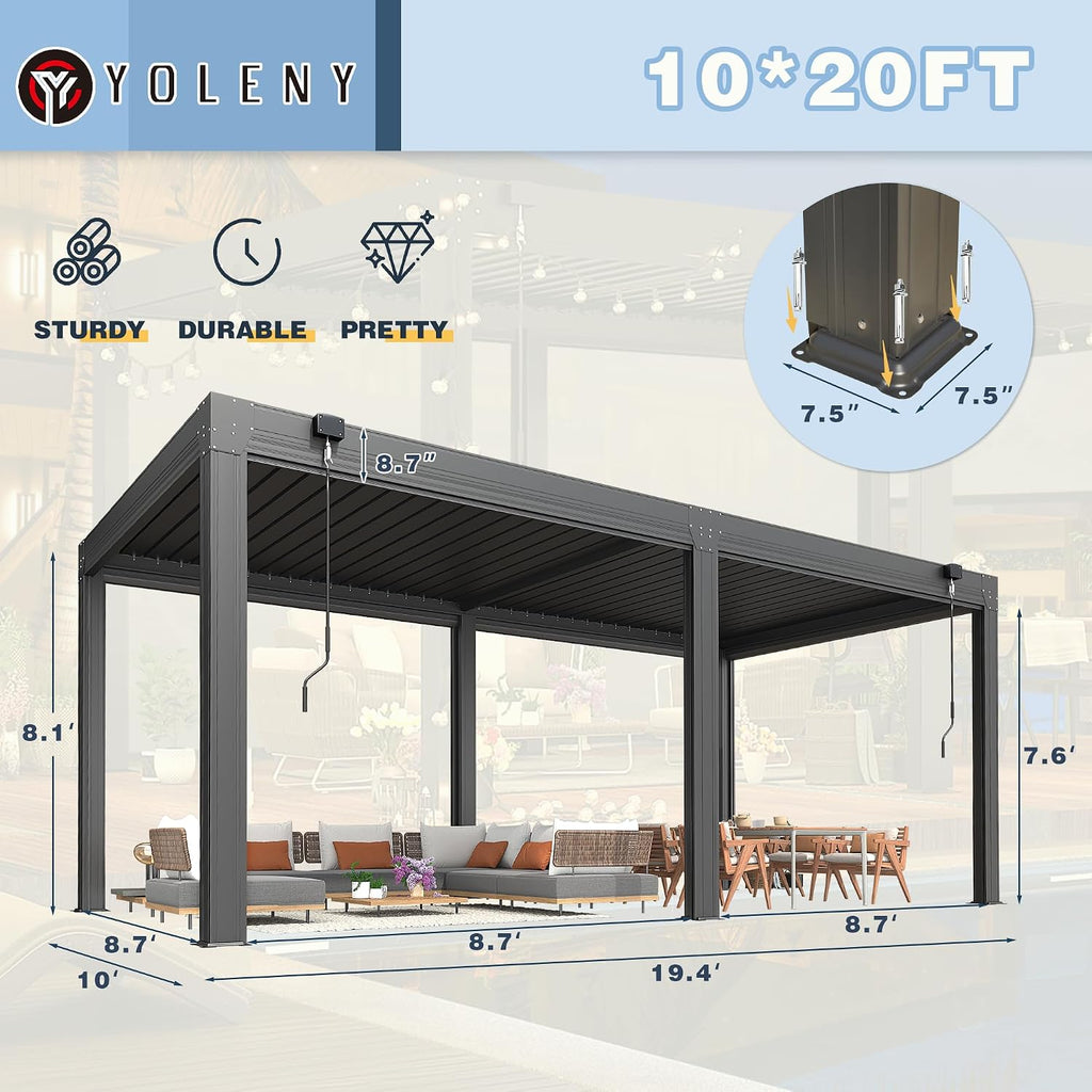 YOLENY 10x20ft Louvered Pergola, Outdoor Pergola with Adjustable Rainproof Roof, Aluminum Gazebo with 6 Panels Pull-Down Screen for Patio, Lawn, Garden, Backyard, Deck, Dark Gray