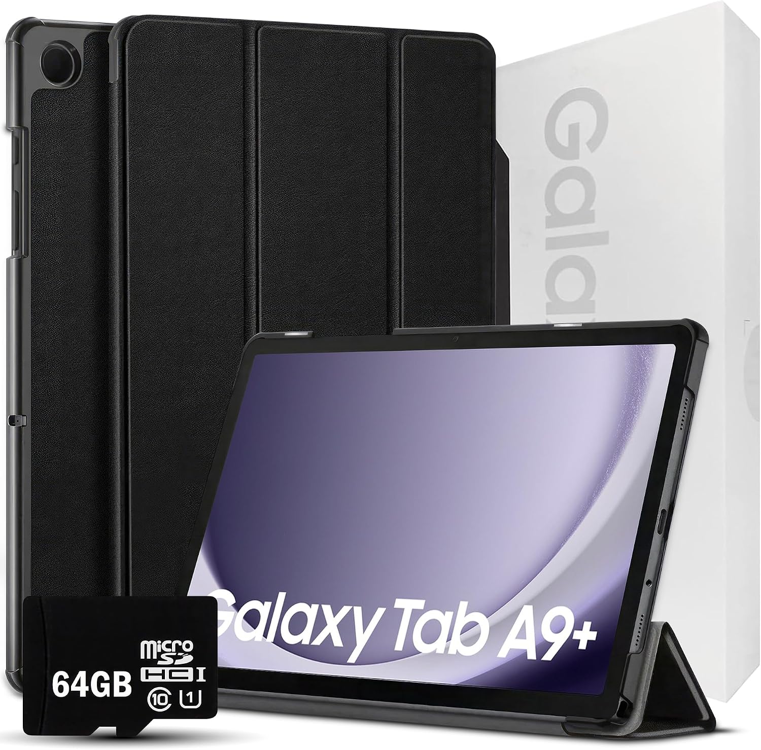 Samsung 2024 Galaxy Tab A9+ 11' 64GB | Android 13 WiFi Touchscreen International | Big Screen, Quad Speakers, Slim | Tablet Bundle - Hard Back Trifold Stand Case + 64GB SD Card (Grey) | MdTec