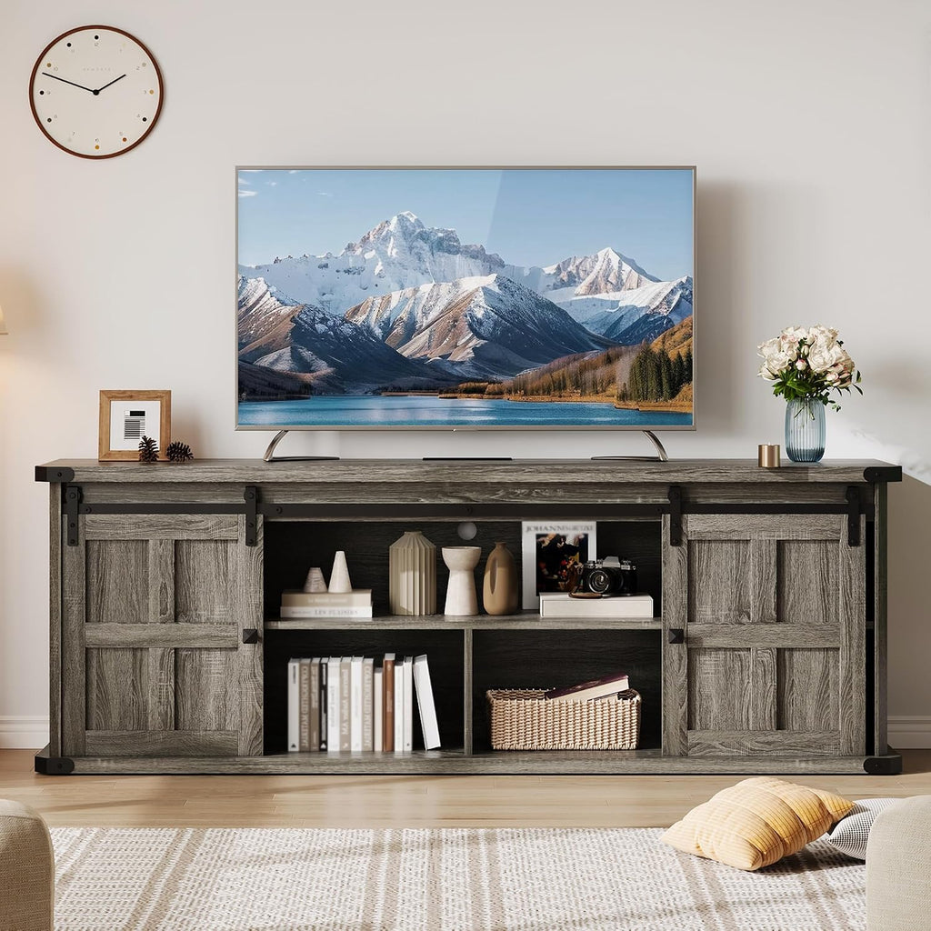 GarveeHome 70 in Farmhouse TV Stand for 75 in TVs, Modern Entertainment Center with Sliding Barn Doors, Modern Media TV Console Table, Wood Long TV Stand for Living Room