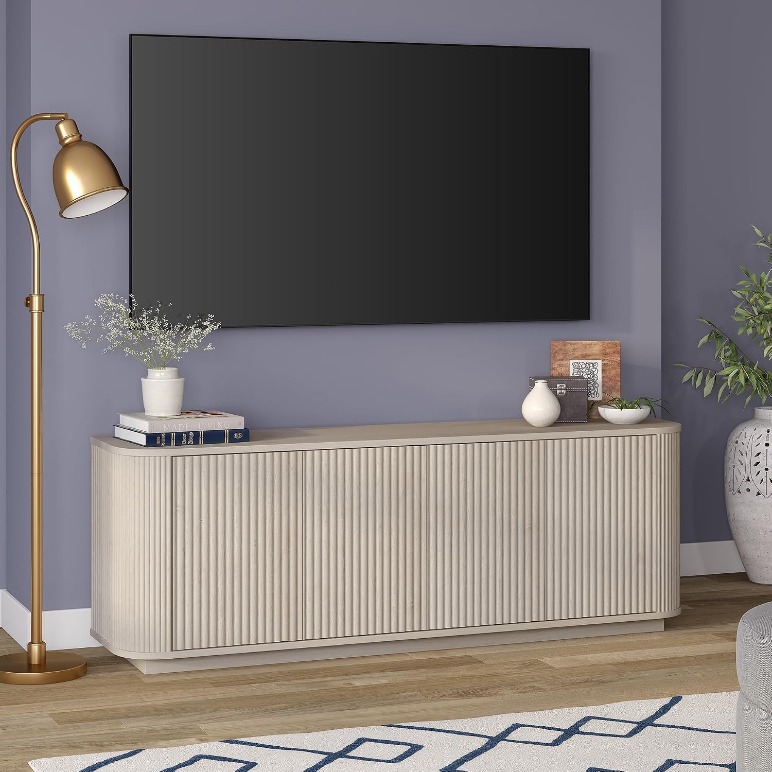 Henn&Hart Fluted TV Stand for TVs up to 75' with 2 Storage Cabinets with an Adjustable Shelf for Living Room, Family Room, or Office, Beech White