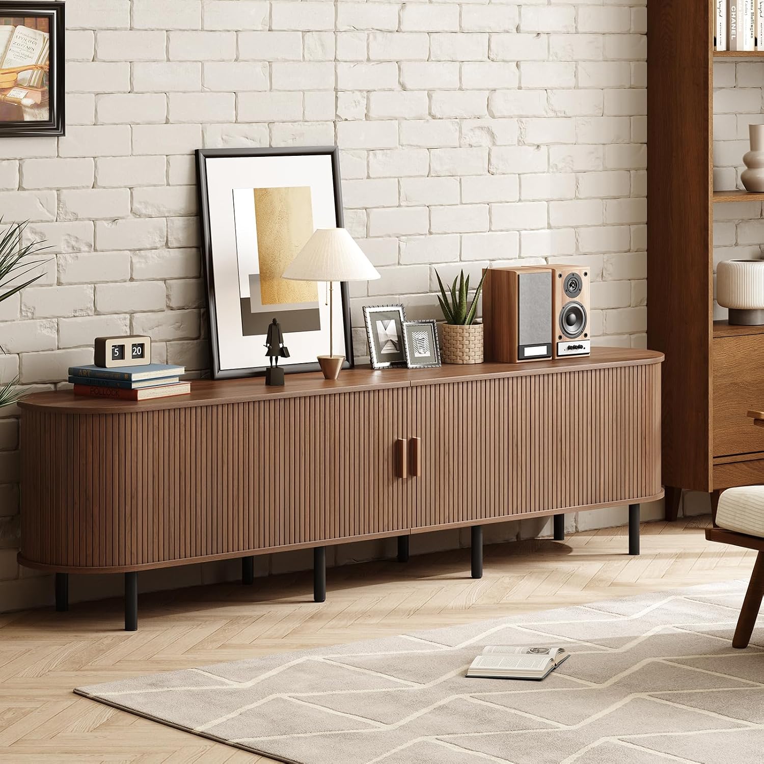 ONBRILL 86.6' TV Stand with Power Outlet for TVs up to 90 Inch, Entertainment Center with Storage and Adjustable Shelves, Modern Media Console with Sliding Doors for Living Room, Walnut