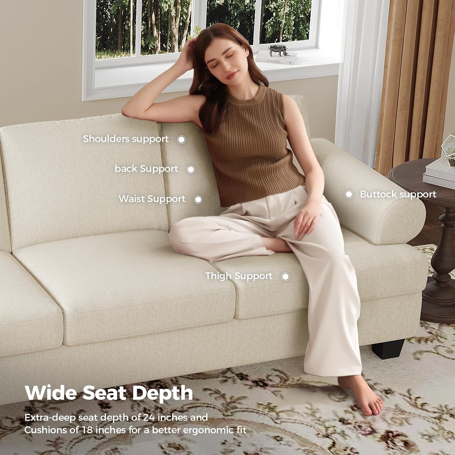 COPIAE 91 Inch Lawson Sofa with Extra Deep Seats Oversize, Mid-Century 3-Seat Sofa Couch, for Living Room, Apartment, Lounge, White