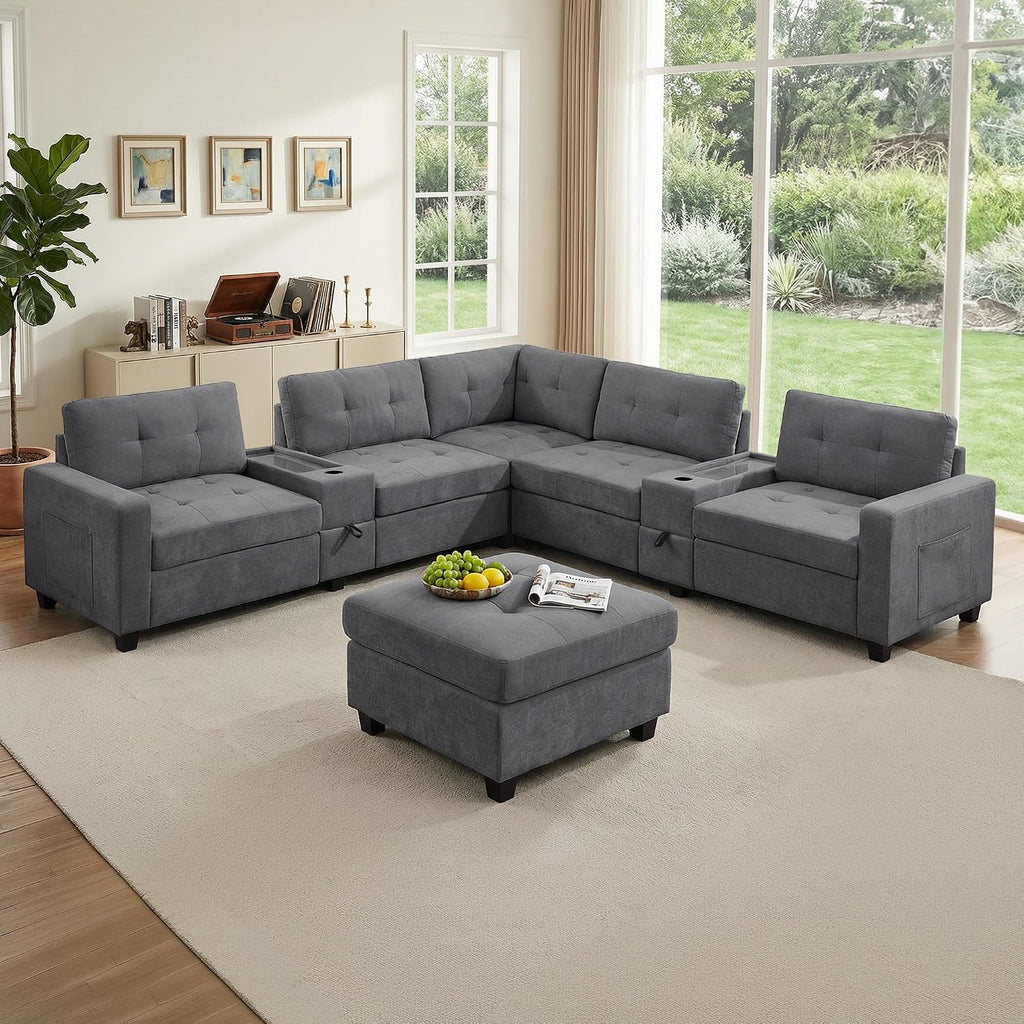 103'' Modular Sectional Sofa couch with 2 Acrylic Consoles, Oversized U Shaped Couch with USB Charger, Storage Drawers,Pockets and Movable Ottoman, Chenille Sectional Couches for Living Room ,Gray