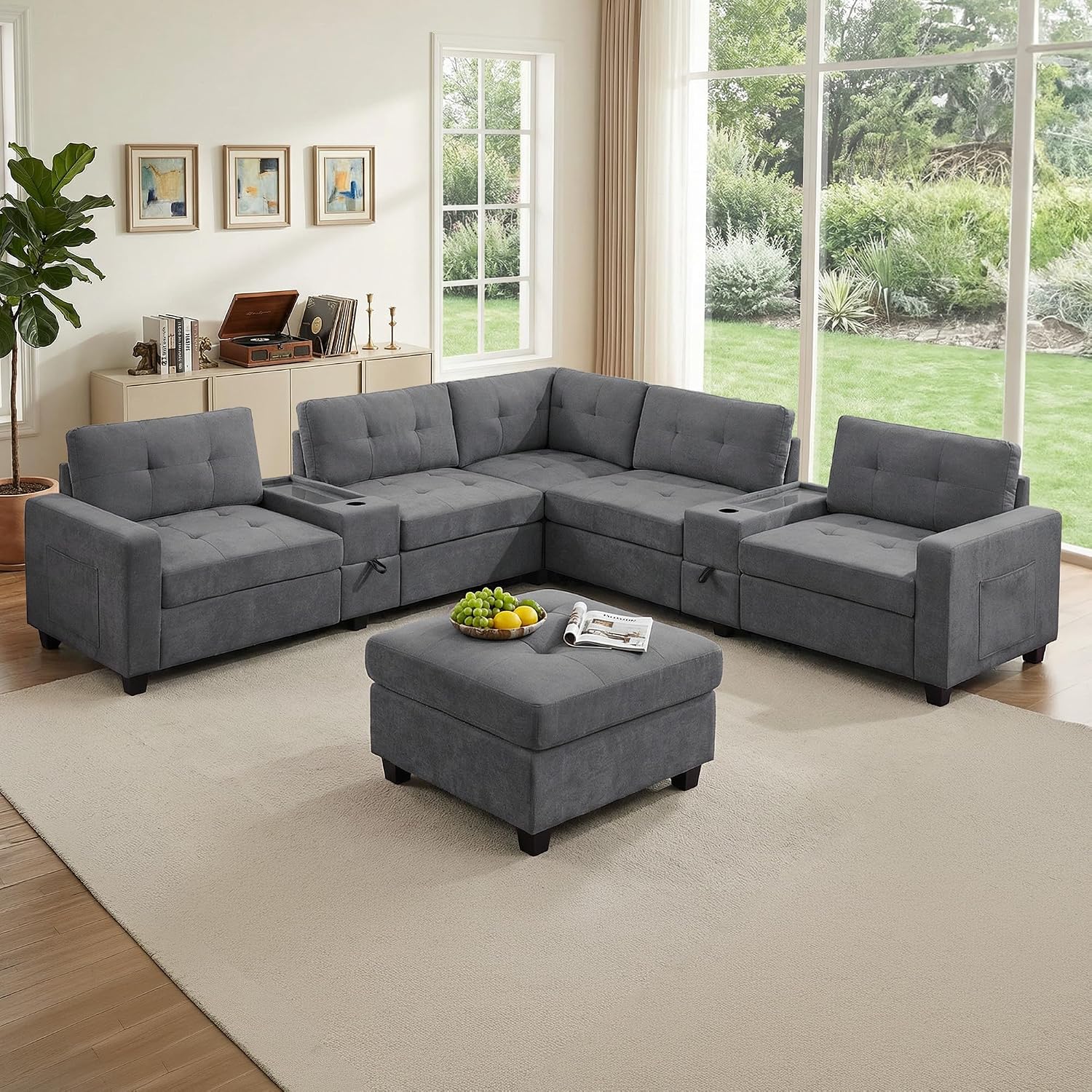 103'' Modular Sectional Sofa couch with 2 Acrylic Consoles, Oversized U Shaped Couch with USB Charger, Storage Drawers,Pockets and Movable Ottoman, Chenille Sectional Couches for Living Room ,Gray
