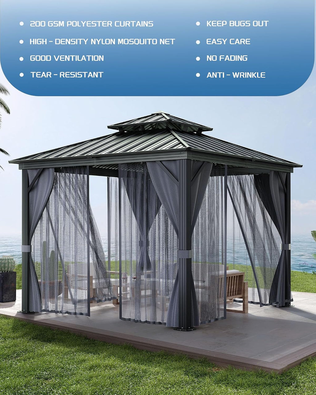 GarveeLife Hardtop Gazebo 12 ft x12 ft for All Weather, with Double Metal Roof, Aluminum Alloy Frame, Net, and Curtain, Permanent Building for Patio, Deck, Backyard, Lawn, and Garden, Gray