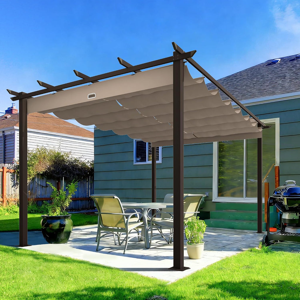 HAPPATIO 10' X 13' Retractable Pergola with Sun Shade Canopy, Patio Aluminum Frame Shelter for Backyards, Gardens, Porch, Includes Ground Studs and Expansion Screws (Brown)