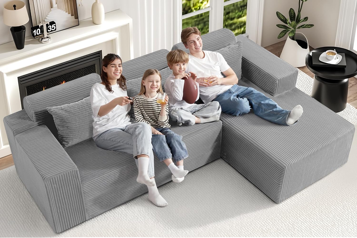 Homguava Modular Sectional Couches for Living Room,105' Cloud Couch with L-Shape Chaise,Comfy Sofa Living Room Sofas with Deep Seat,No Assembly L Couch,Corduroy Fabric(Light Grey,R)